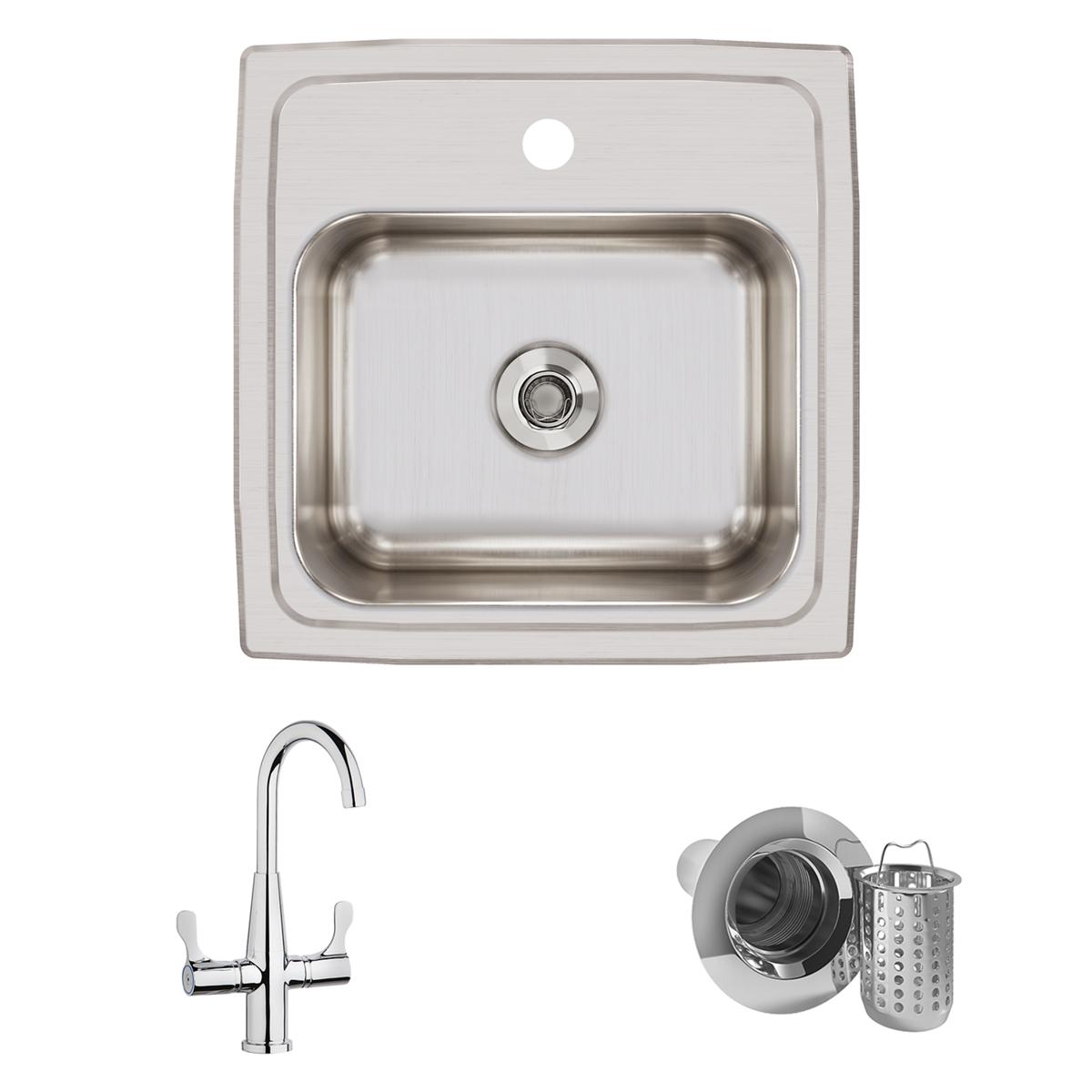 Elkay Lustertone Classic Stainless Steel 15" x 15" x 7-1/8", 1-Hole Single Bowl Drop-in Bar Sink + Faucet Kit BLR150C