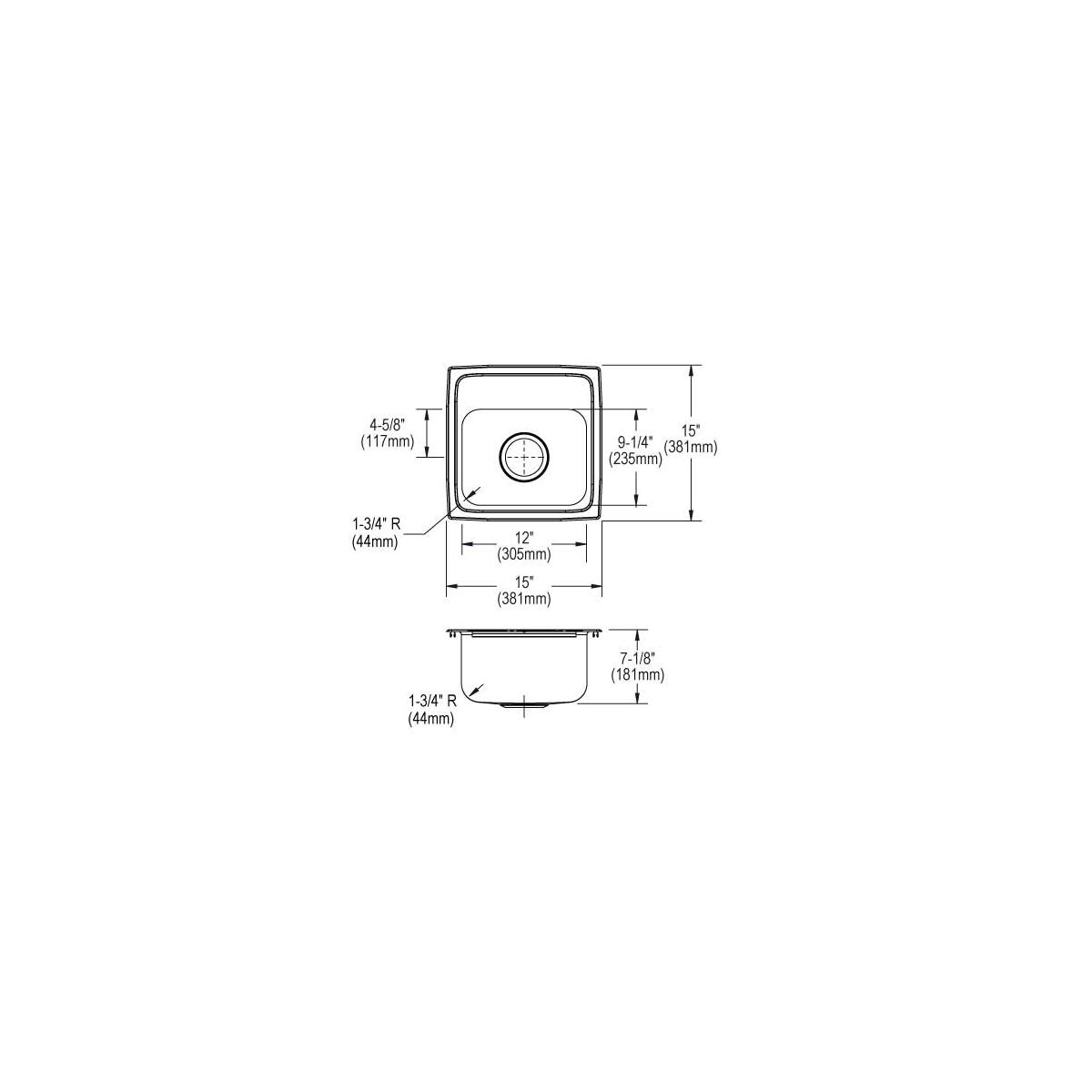 Elkay Lustertone Classic Stainless Steel 15" x 15" x 7-1/8", 3-Hole Single Bowl Drop-in Bar Sink with 3-1/2" Drain BLR15163