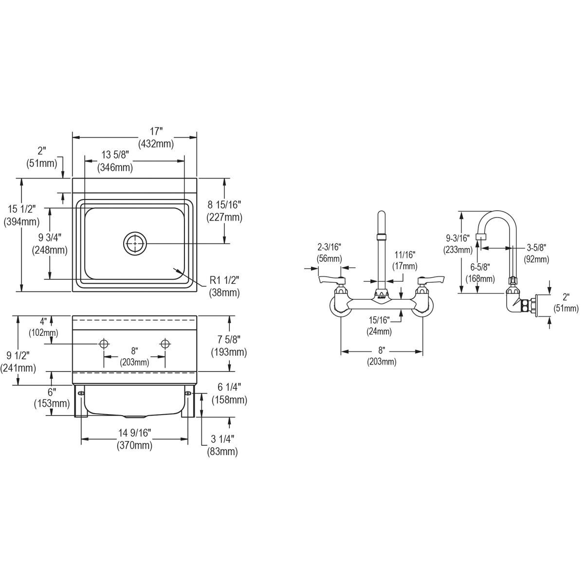Elkay Stainless Steel 16-3/4" x 15-1/2" x 13", Single Bowl Wall Hung Handwash Sink Kit CHS1716C