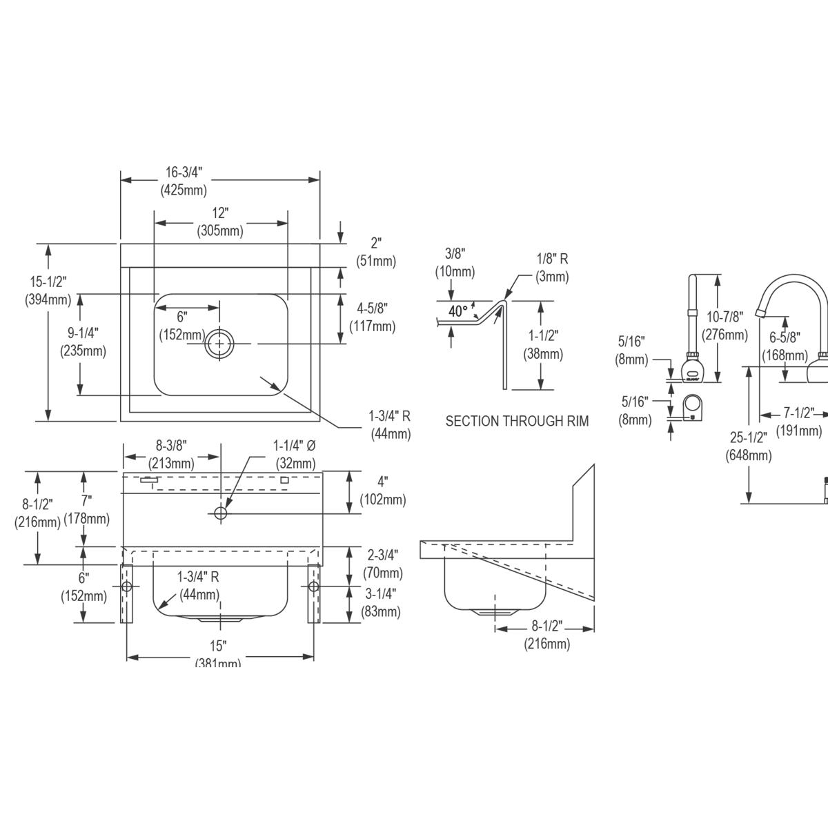 Elkay Stainless Steel 16-3/4" x 15-1/2" x 13", Single Bowl Wall Hung Handwash Sink Kit CHS1716SACTMC