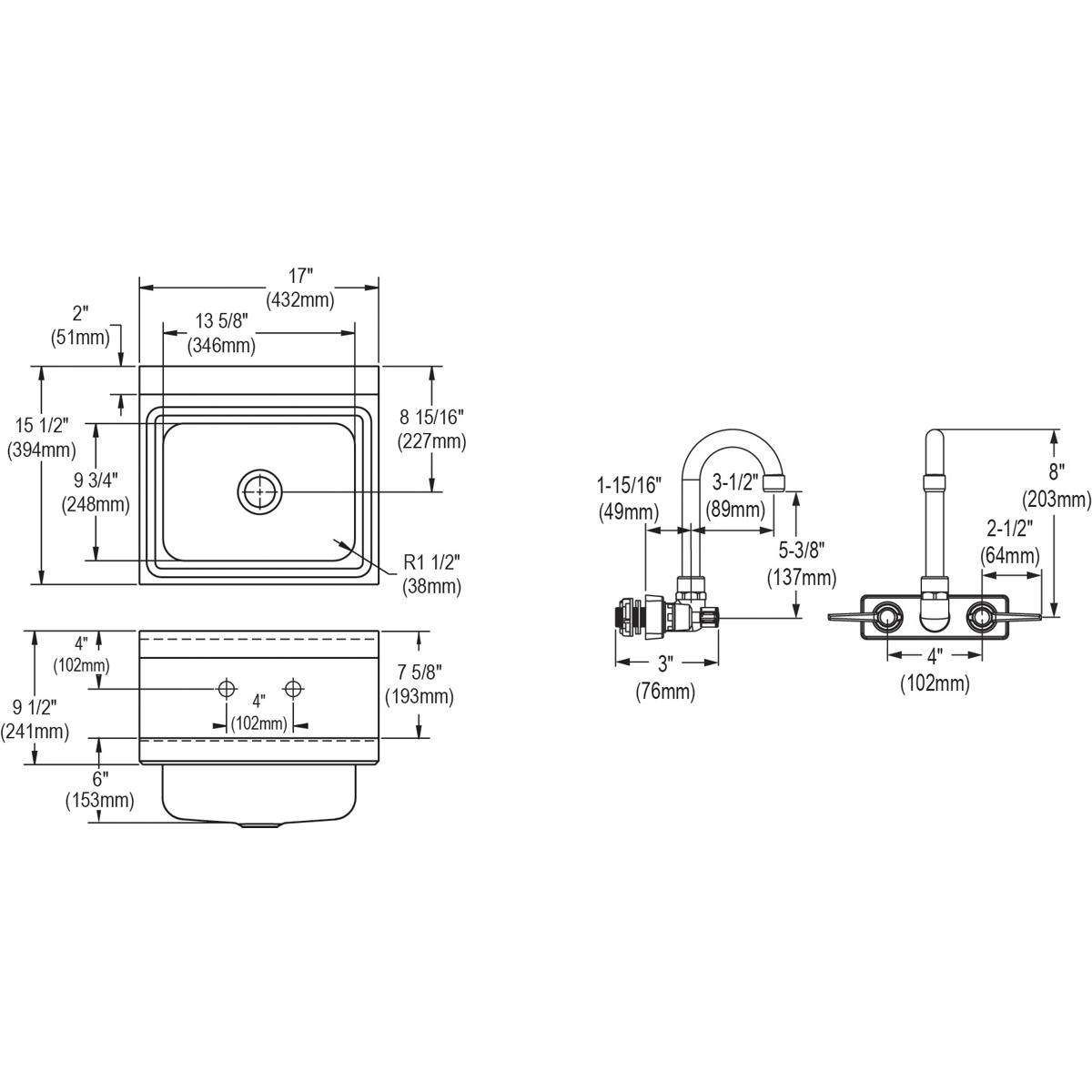 Elkay Stainless Steel 16-3/4" x 15-1/2" x 13", Single Bowl Wall Hung Handwash Sink Kit CHSB1716C