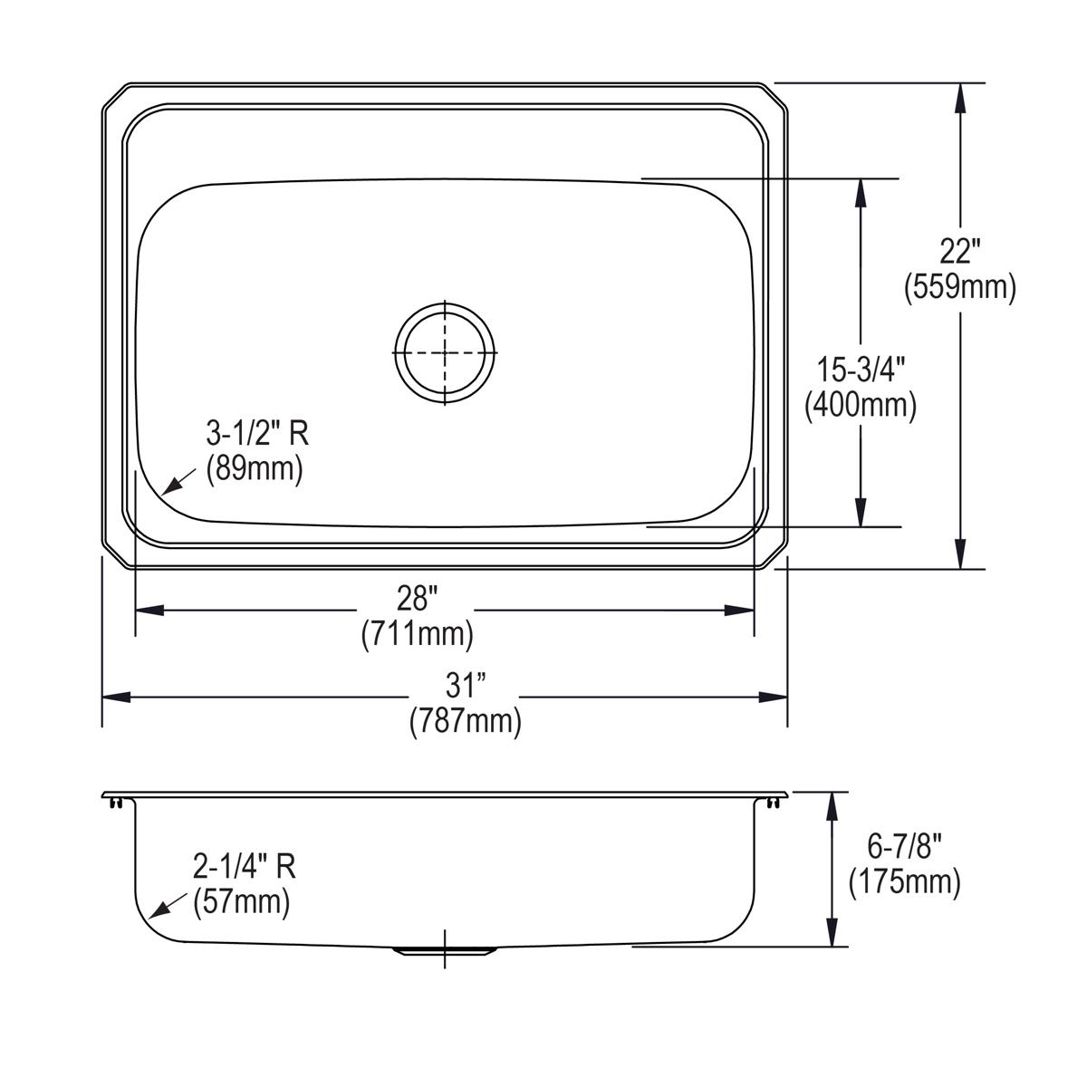 Elkay Celebrity Stainless Steel 31" x 22" x 6-7/8", 2-Hole Single Bowl Drop-in Sink CR31222