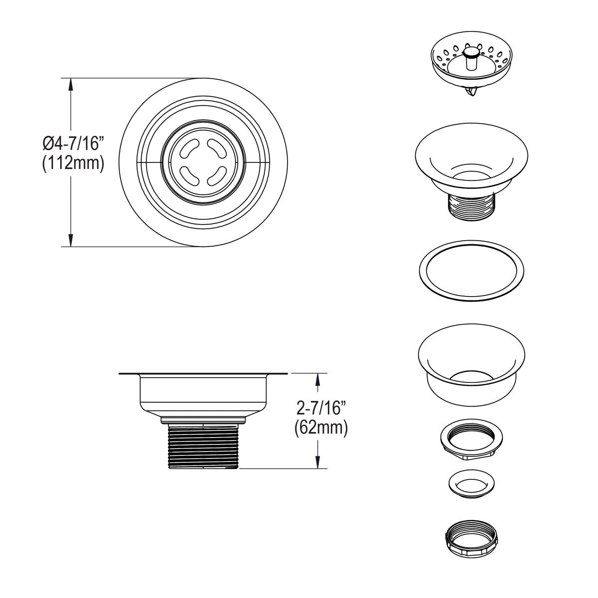 Elkay Dayton 3-1/2" Stainless Steel Drain with Removable Basket Strainer and Rubber Stopper D1125
