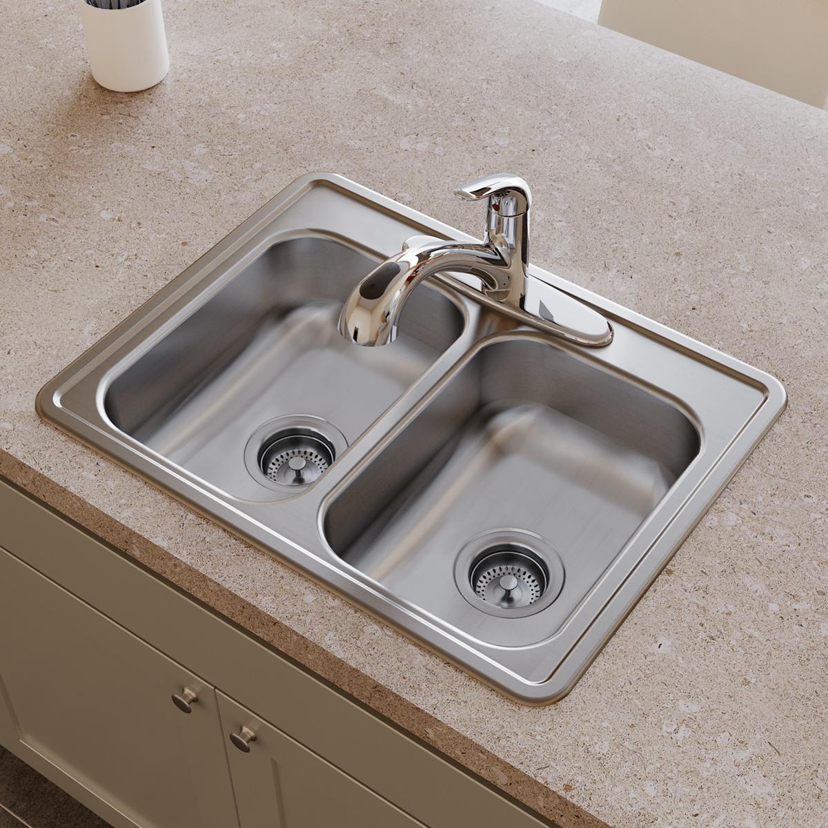 Elkay Dayton Stainless Steel 25" x 19" x 6-5/16", 4-Hole Equal Double Bowl Drop-in Sink D225194