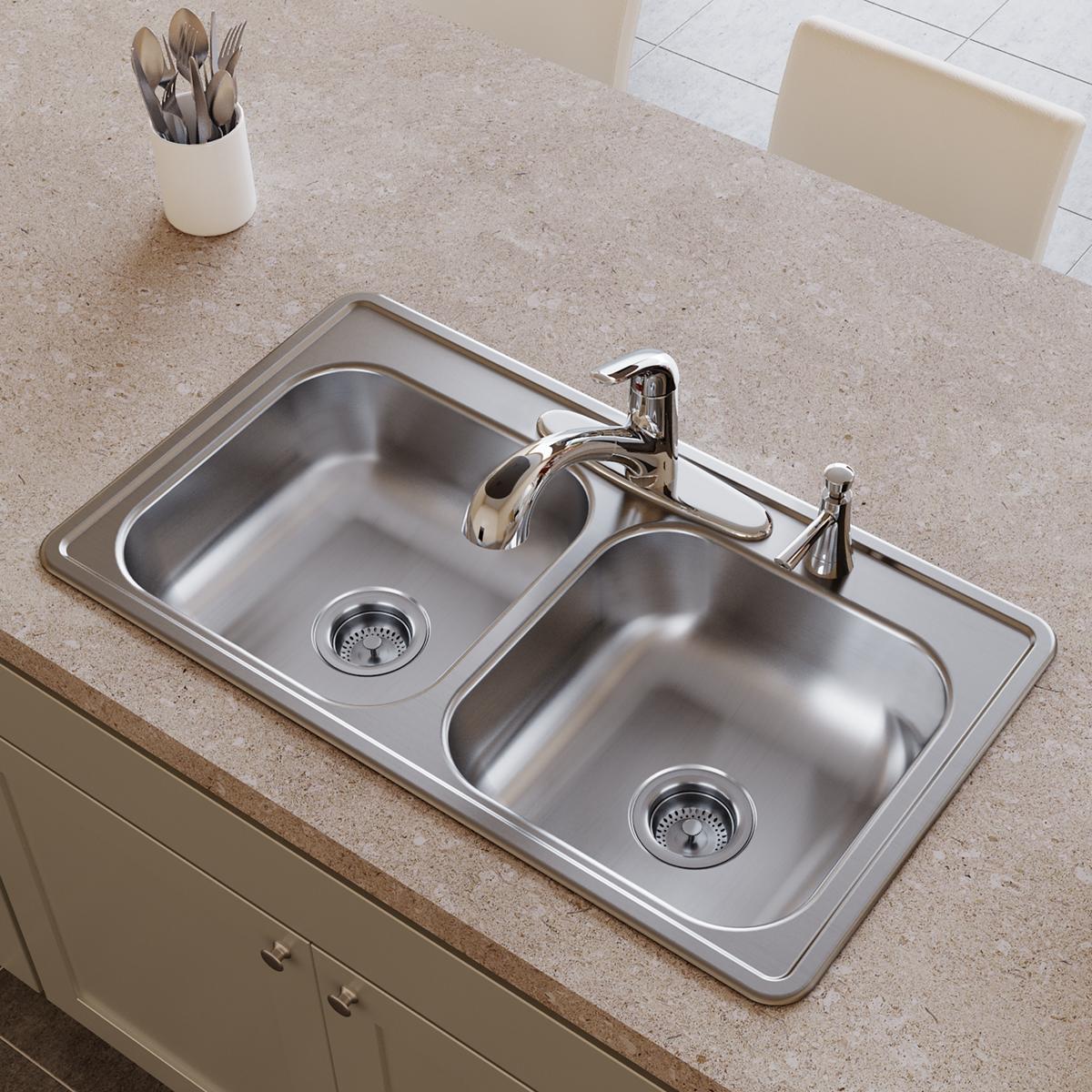 Elkay Dayton Stainless Steel 33" x 19" x 6-7/16", 3-Hole Equal Double Bowl Drop-in Sink D233193