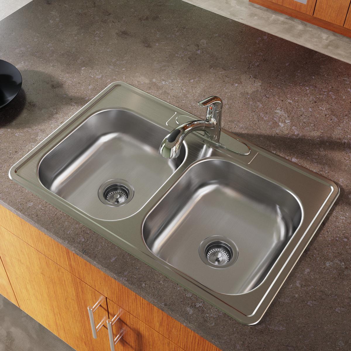 Elkay Dayton Stainless Steel 33" x 21-1/4" x 6-9/16", 1-Hole Equal Double Bowl Drop-in Sink D233211
