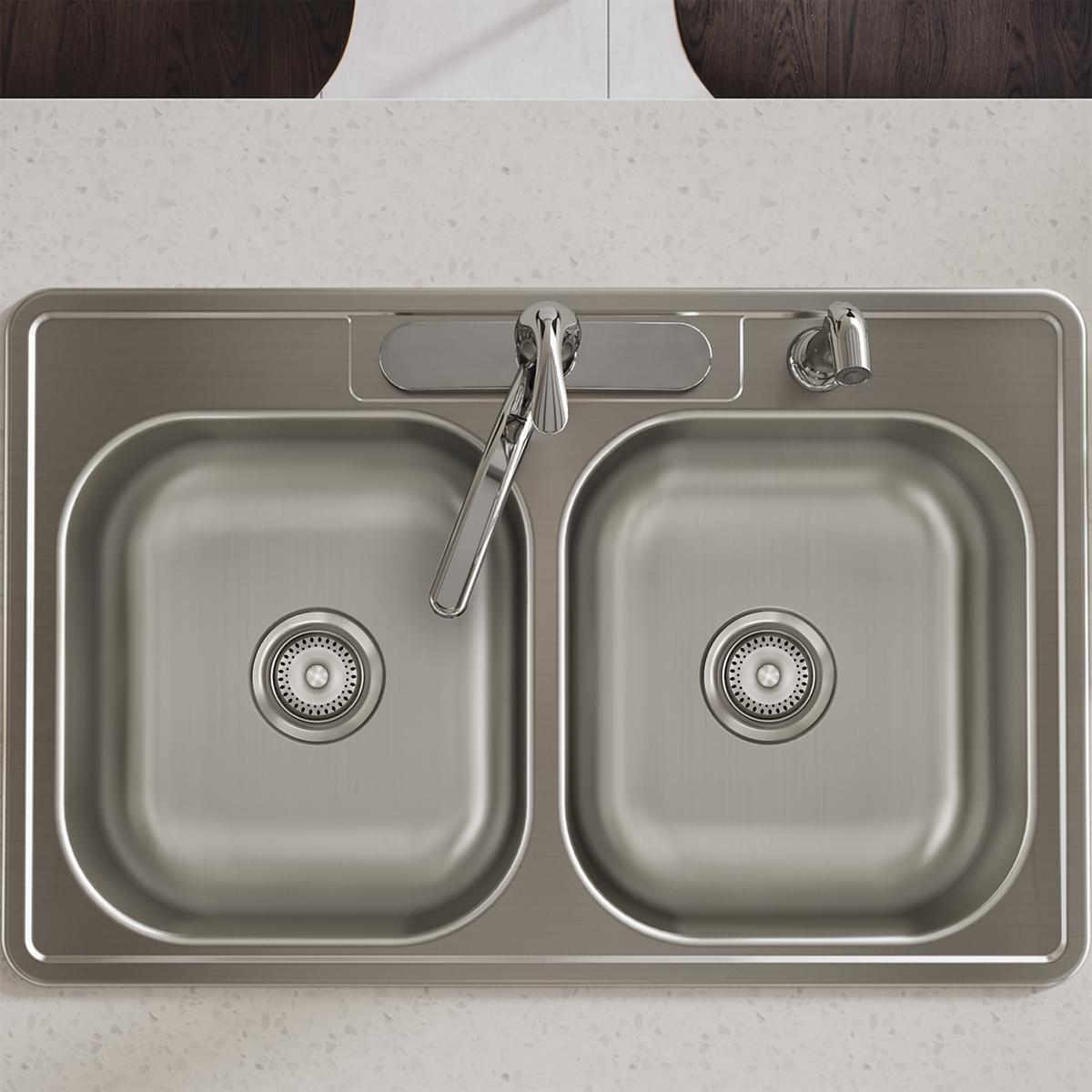 Elkay Dayton Stainless Steel 33" x 21-1/4" x 6-9/16", 4-Hole Equal Double Bowl Drop-in Sink D233214