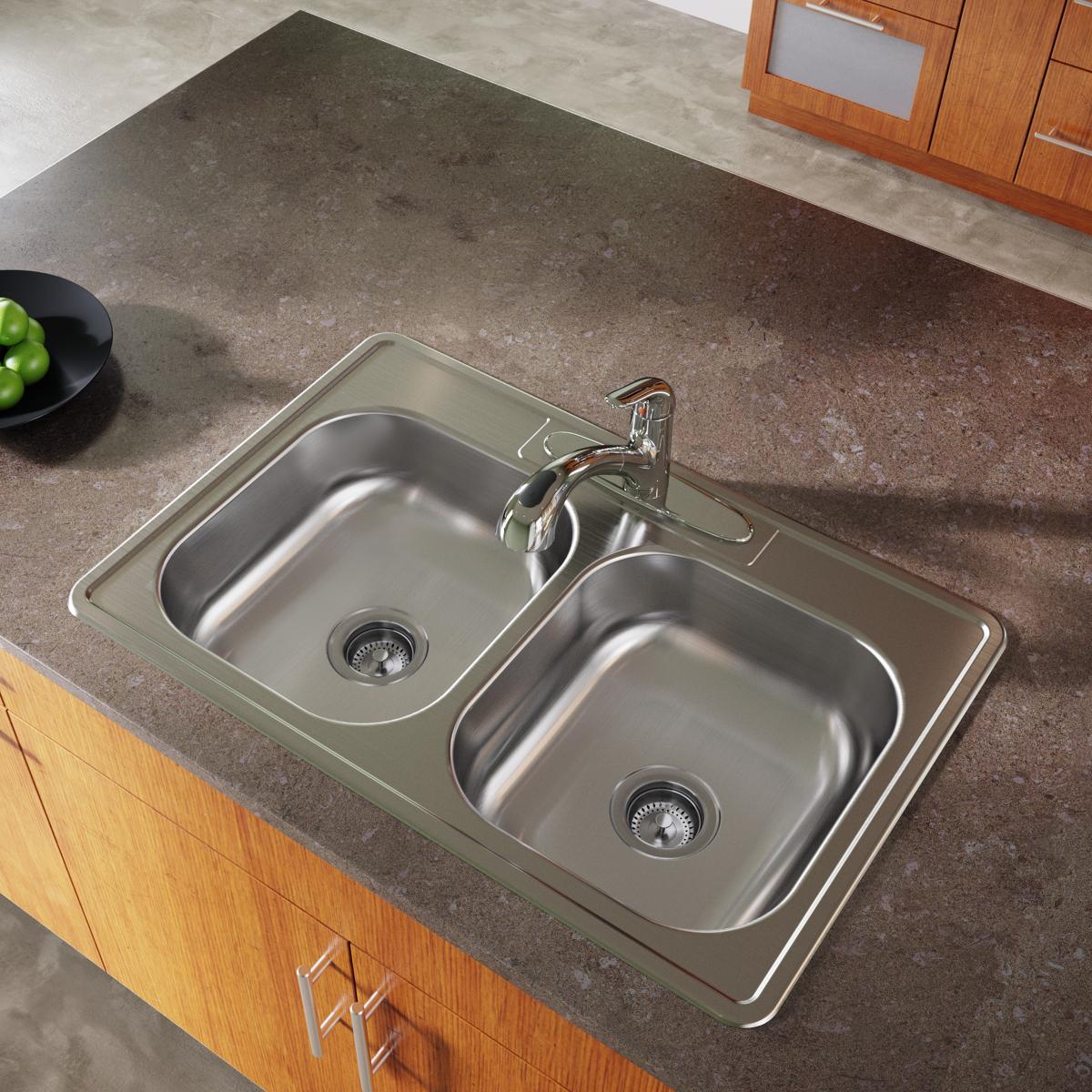 Elkay Dayton Stainless Steel 33" x 22" x 6-9/16", 3-Hole Equal Double Bowl Drop-in Sink D233223