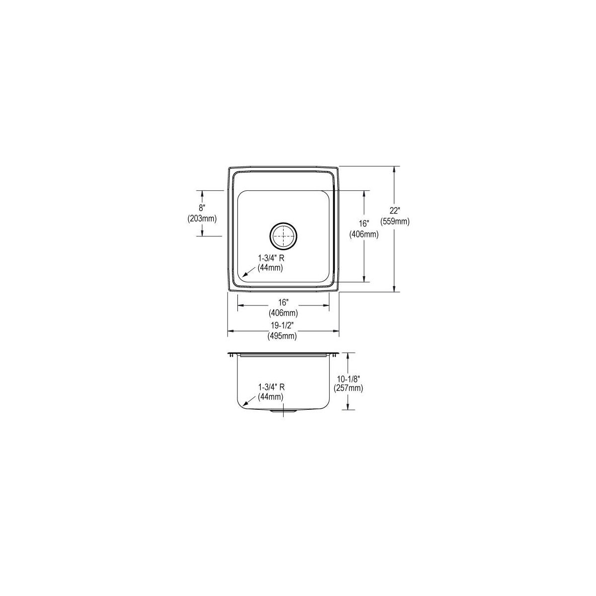 Elkay Lustertone Classic Stainless Steel 19-1/2" x 22" x 10-1/8", 3-Hole Single Bowl Drop-in Sink DLR2022103