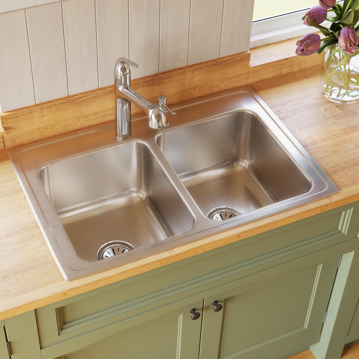 Elkay Lustertone Classic Stainless Steel 33" x 22" x 10-1/8", Equal Double Bowl Drop-in Sink DLR3322103