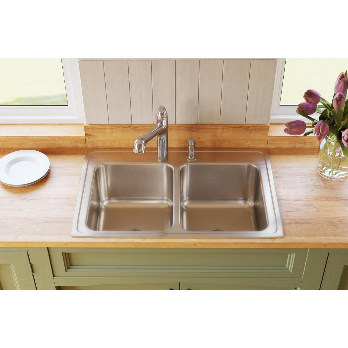 Elkay Lustertone Classic Stainless Steel 33" x 22" x 10-1/8", Equal Double Bowl Drop-in Sink with Perfect Drain DLR332210PD1