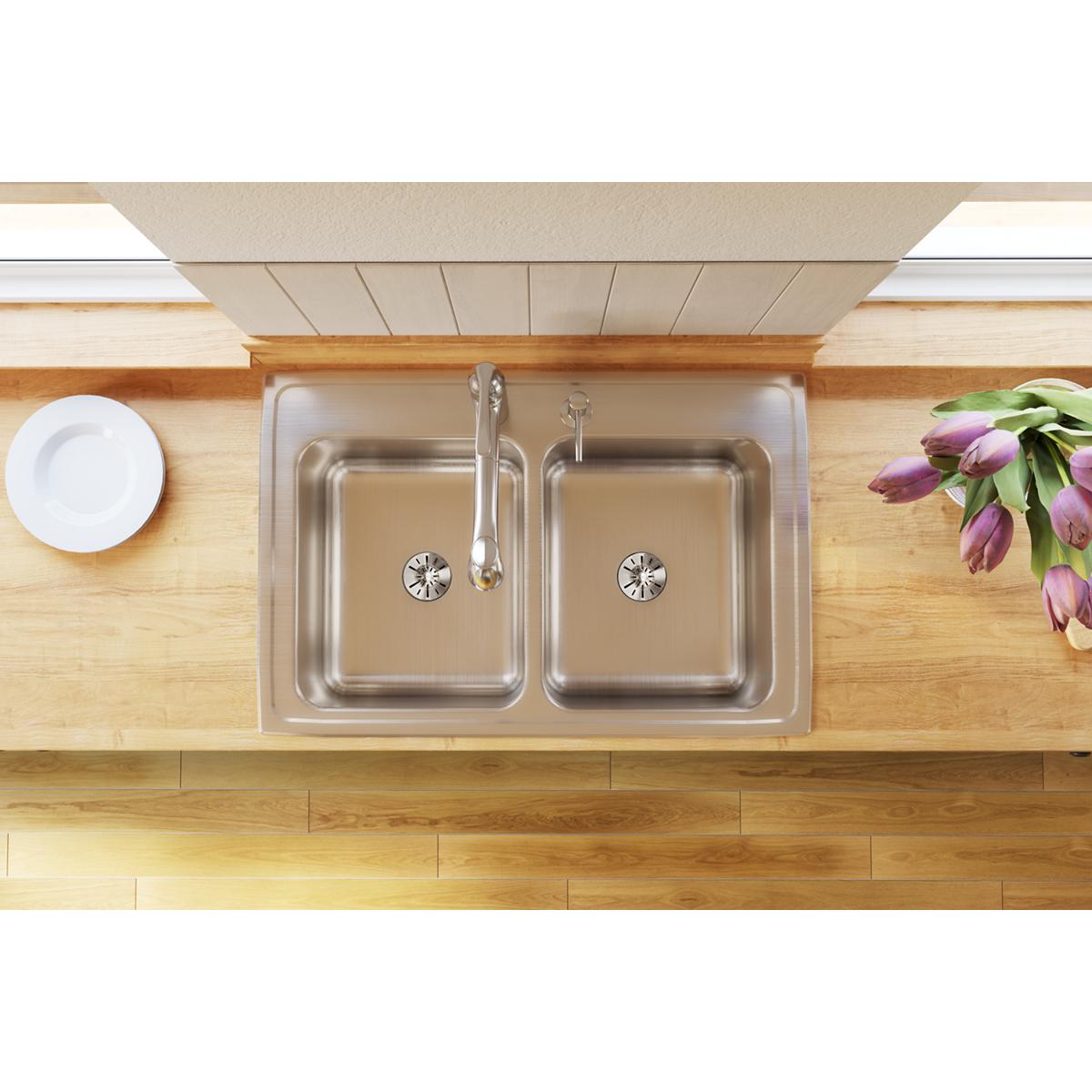 Elkay Lustertone Classic Stainless Steel 33" x 22" x 10-1/8", Equal Double Bowl Drop-in Sink with Perfect Drain DLR332210PD1