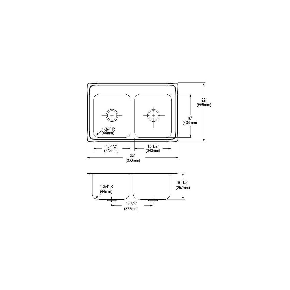 Elkay Lustertone Classic Stainless Steel 33" x 22" x 10-1/8", Equal Double Bowl Drop-in Sink DLR3322103