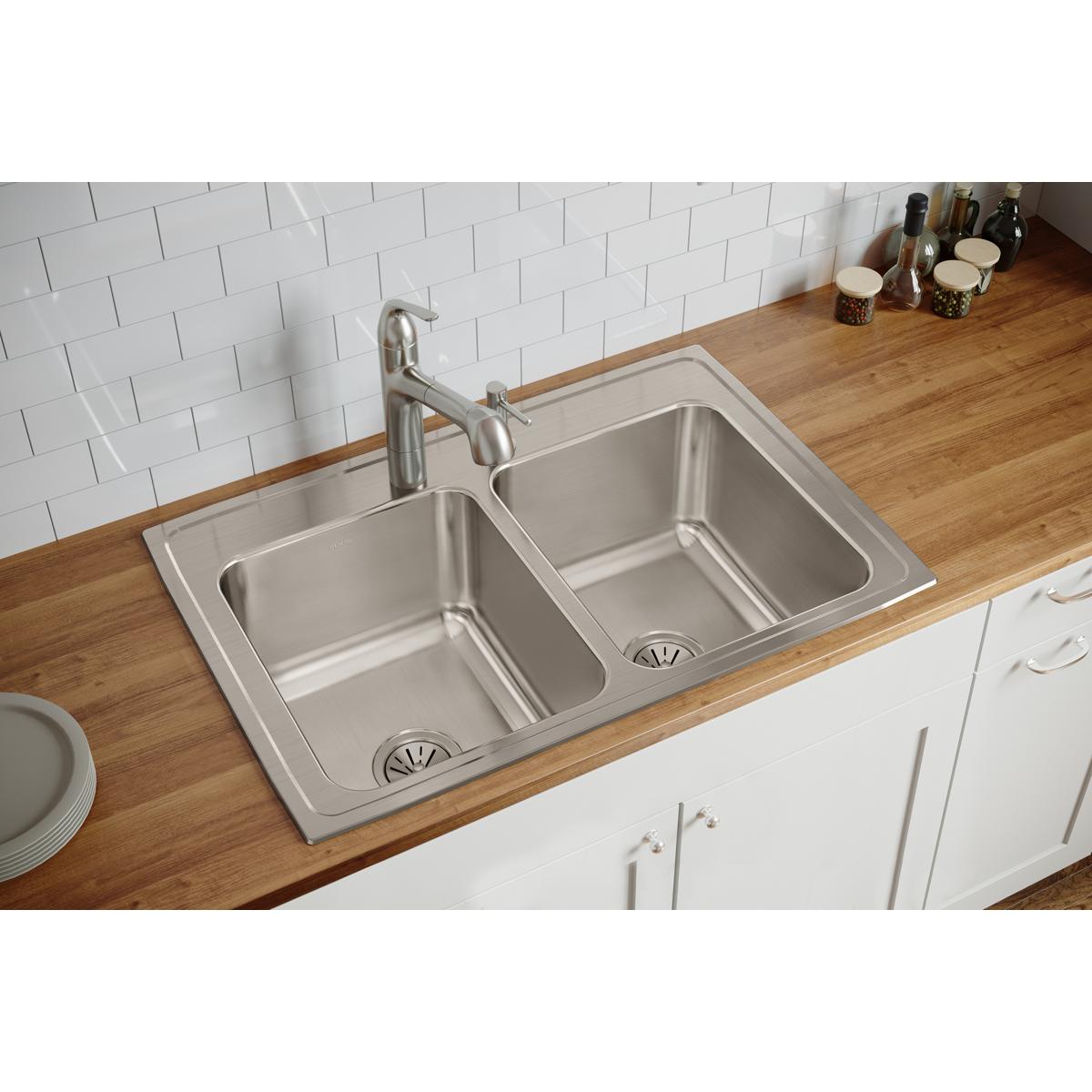 Elkay Lustertone Classic Stainless Steel 33" x 22" x 12-1/8", 1-Hole Equal Double Bowl Drop-in Sink with Quick-clip DLRQ3322121
