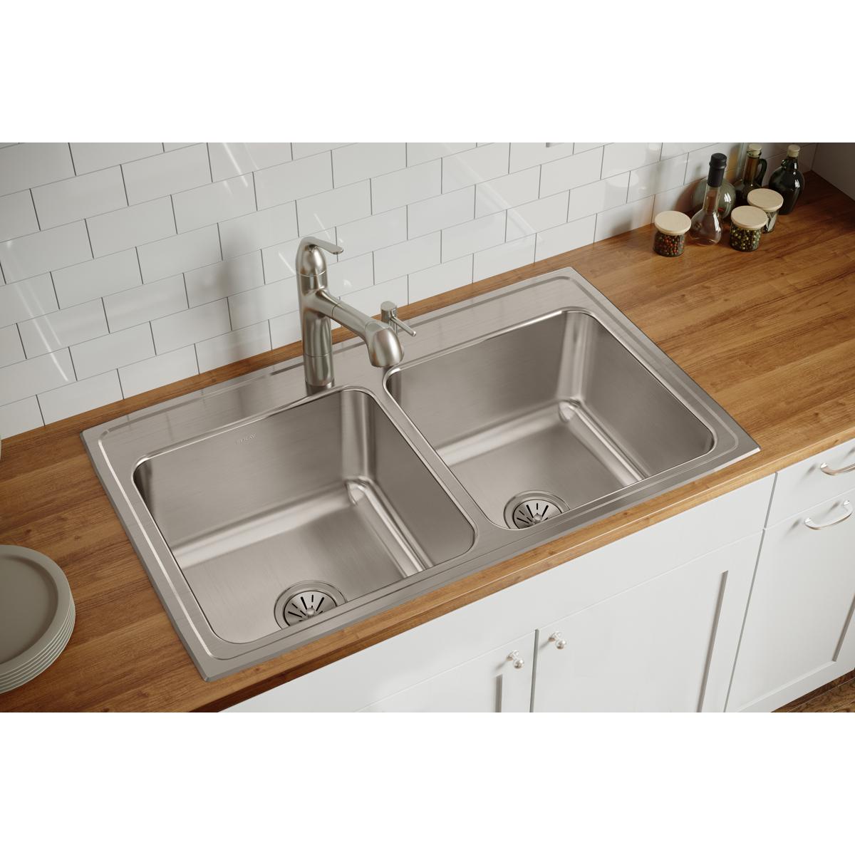 Elkay Lustertone Classic Stainless Steel 37" x 22" x 10-1/8", 4-Hole Equal Double Bowl Drop-in Sink DLR3722104
