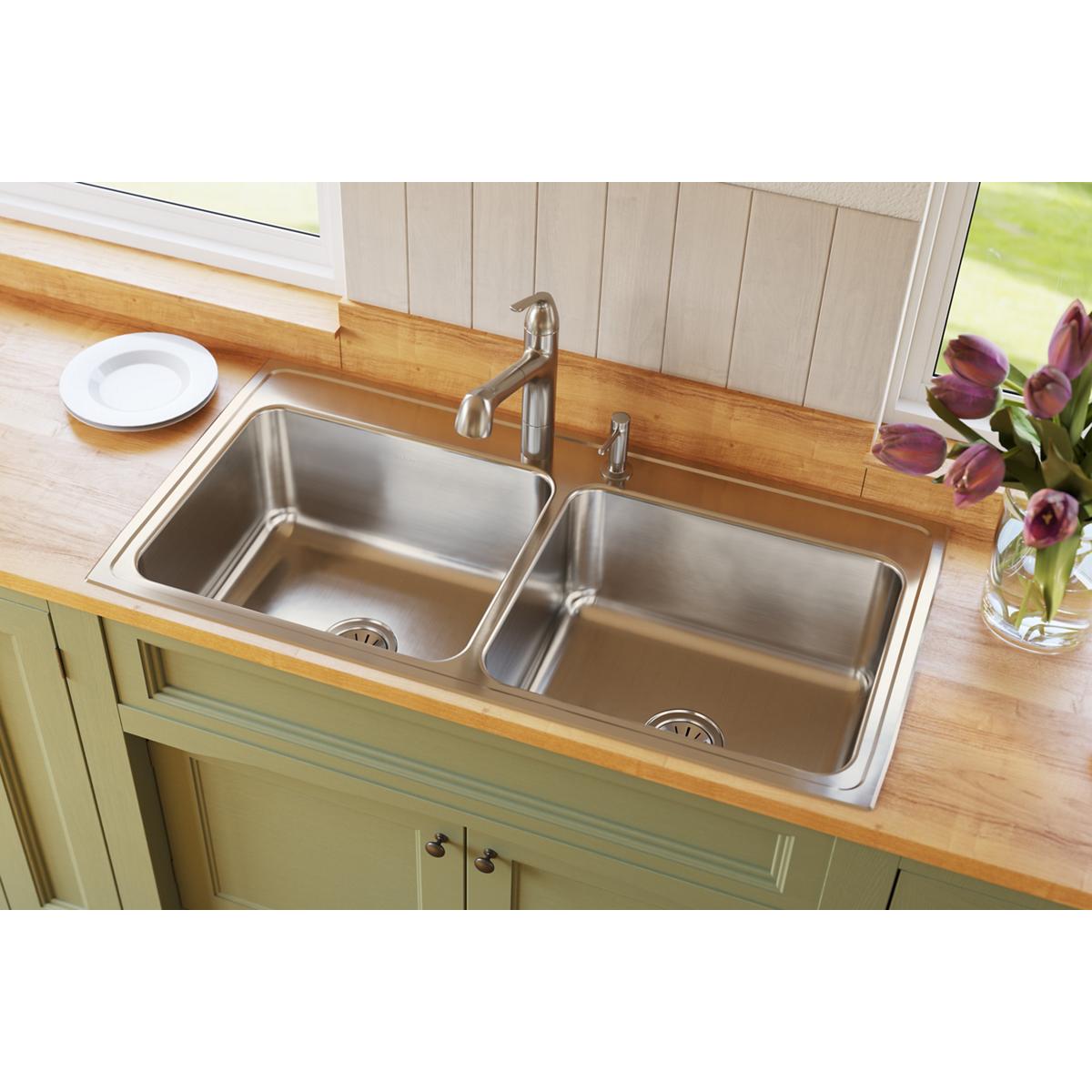 Elkay Lustertone Classic Stainless Steel 43" x 22" x 10-1/8", Equal Double Bowl Drop-in Sink DLR4322102