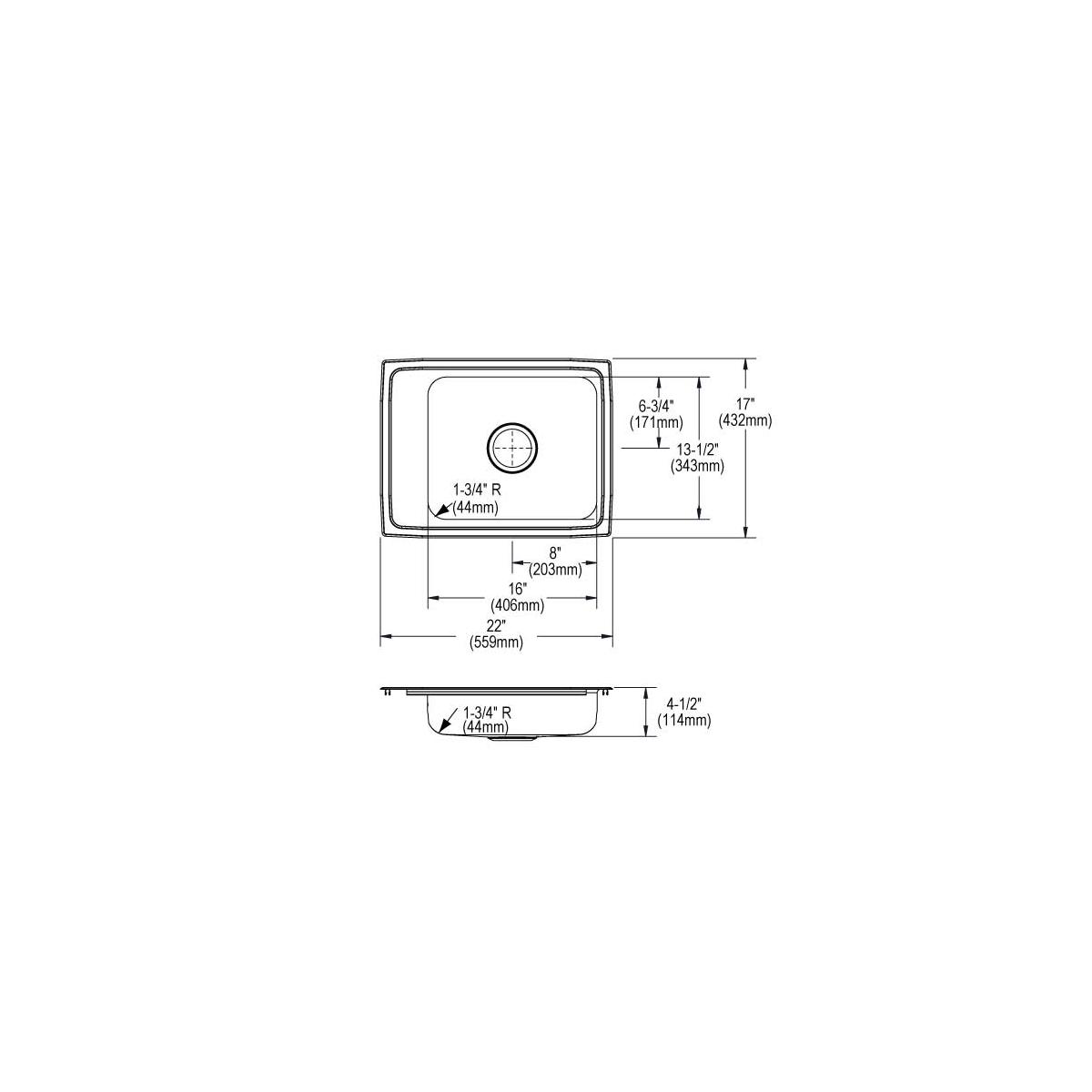 Elkay Lustertone Classic Stainless Steel 22" x 17" x 4-1/2", 2-Hole Single Bowl Drop-in Classroom ADA Sink DRKAD2217452