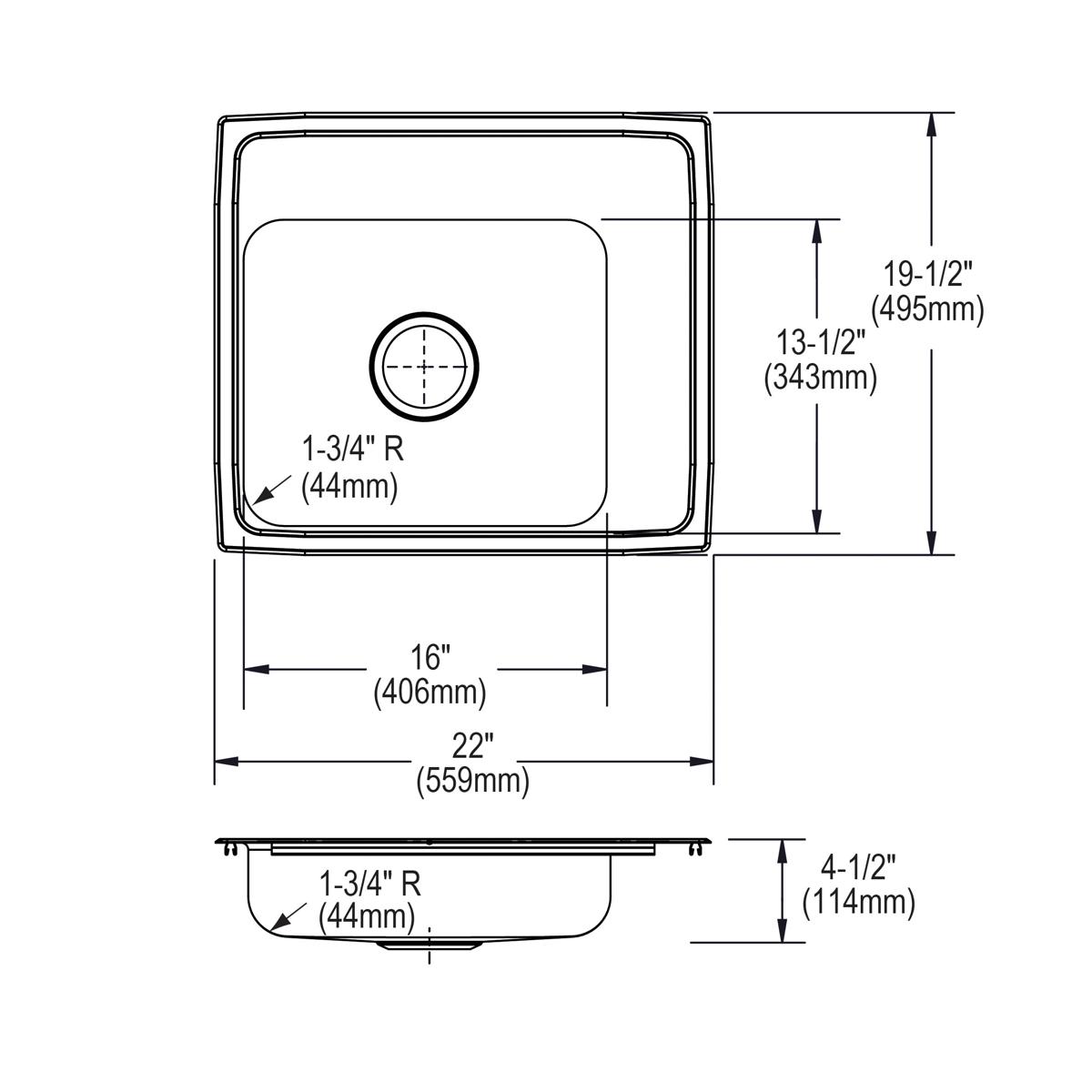 Elkay Lustertone Classic Stainless Steel 22" x 19-1/2" x 4-1/2", Single Bowl Drop-in Classroom ADA Sink DRKAD222045R4