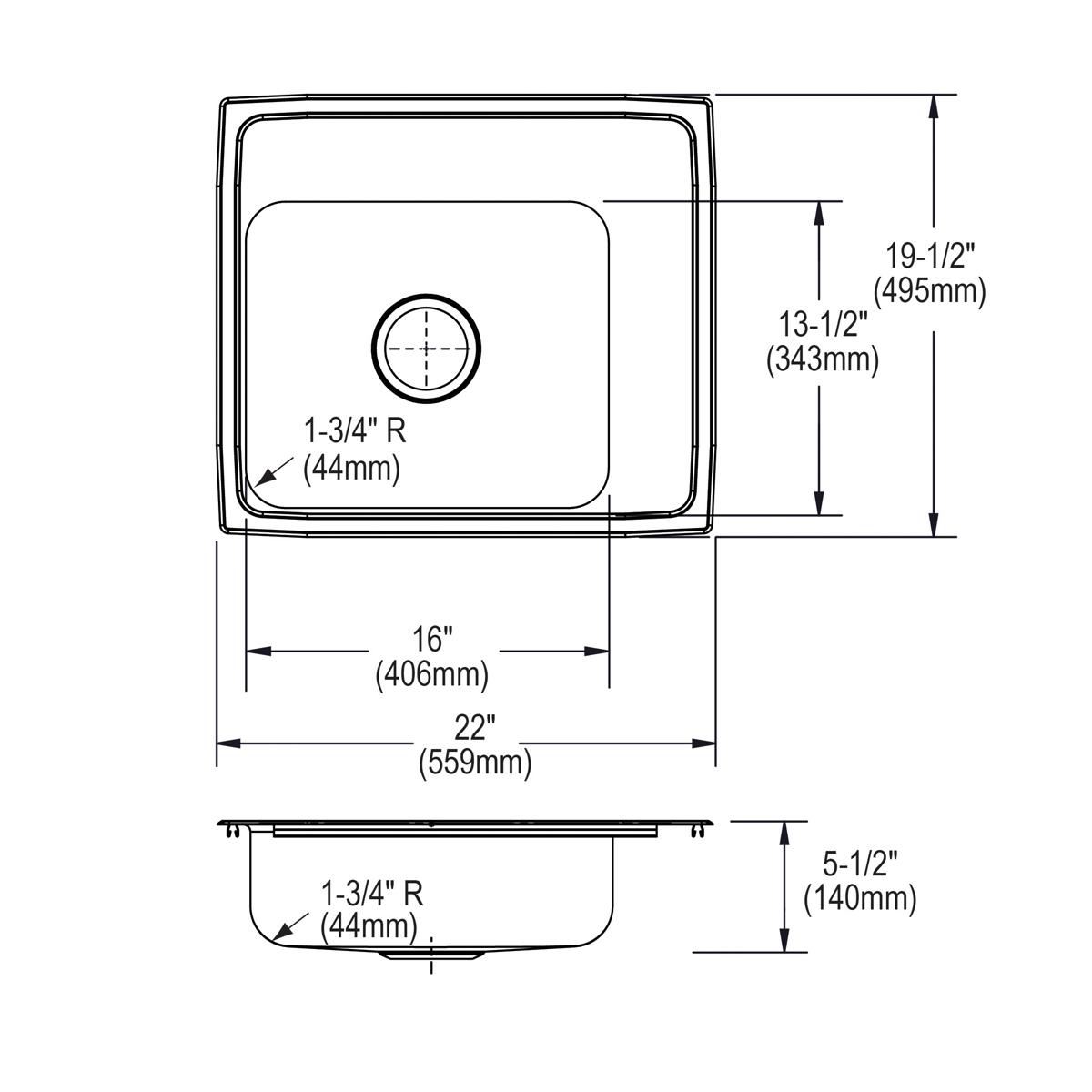 Elkay Lustertone Classic Stainless Steel 22" x 19-1/2" x 5-1/2", Single Bowl Drop-in Classroom ADA Sink DRKAD222055R3