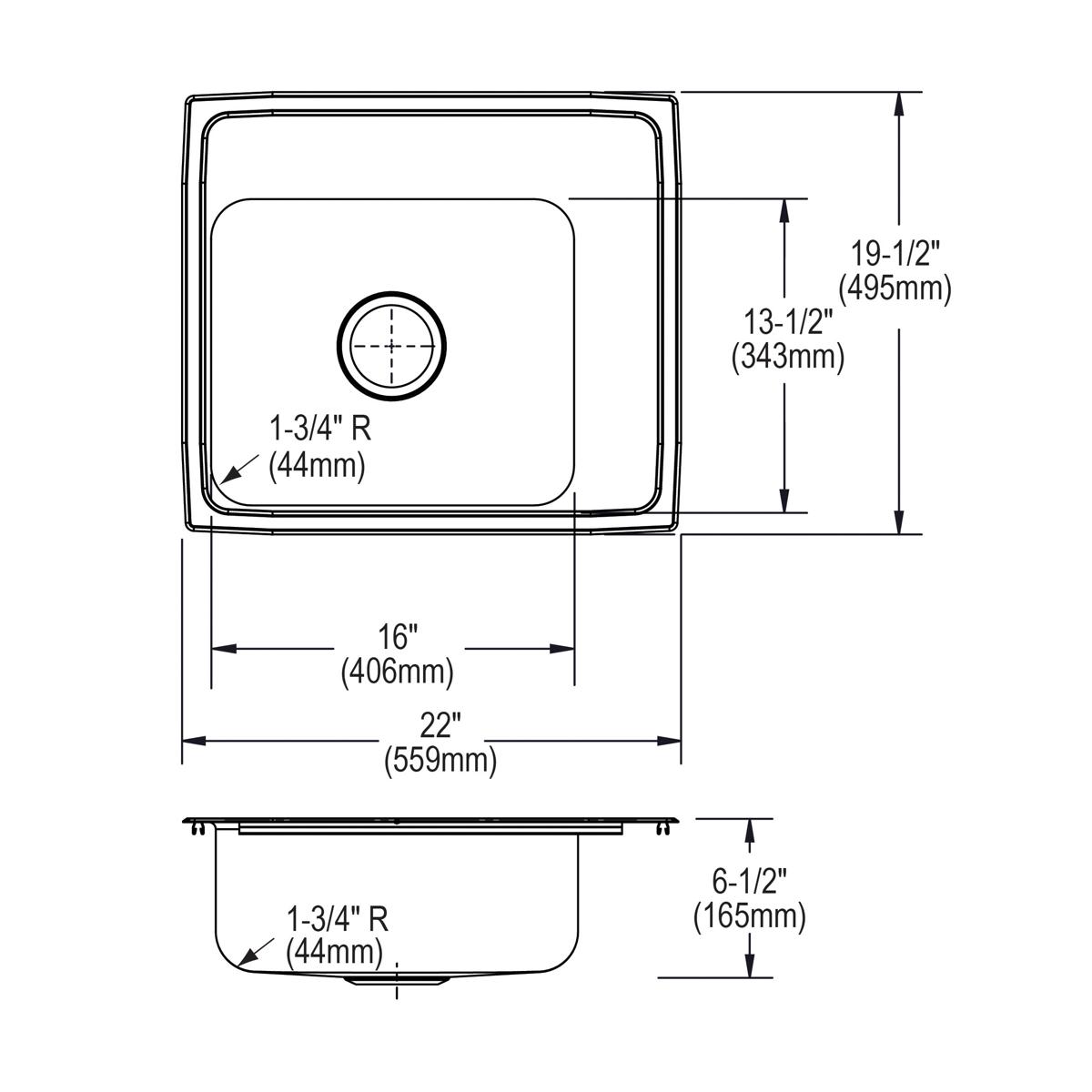 Elkay Lustertone Classic Stainless Steel 22" x 19-1/2" x 6-1/2", Single Bowl Drop-in Classroom ADA Sink DRKAD222065R3