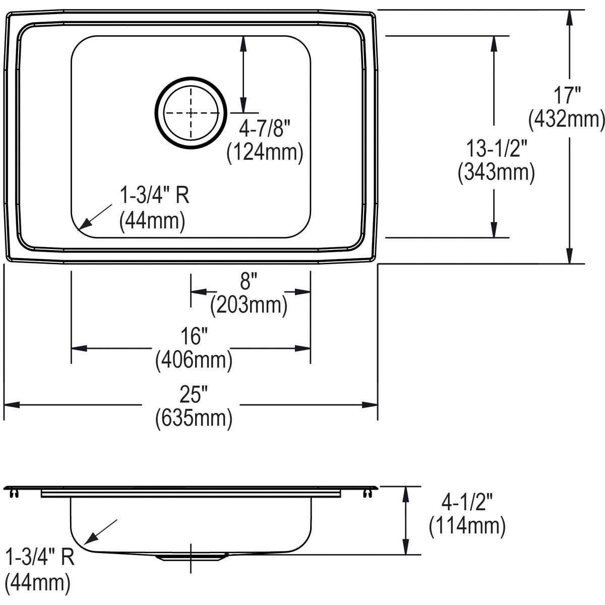 Elkay Lustertone Classic Stainless Steel 25" x 17" x 4-1/2", 2-Hole Single Bowl Drop-in Classroom ADA Sink DRKAD2517452