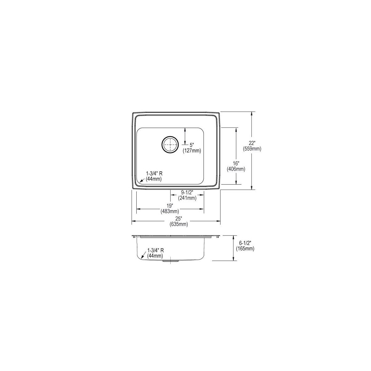 Elkay Lustertone Classic Stainless Steel 25" x 22" x 6-1/2", Single Bowl Drop-in Classroom ADA Sink DRKAD252265R2