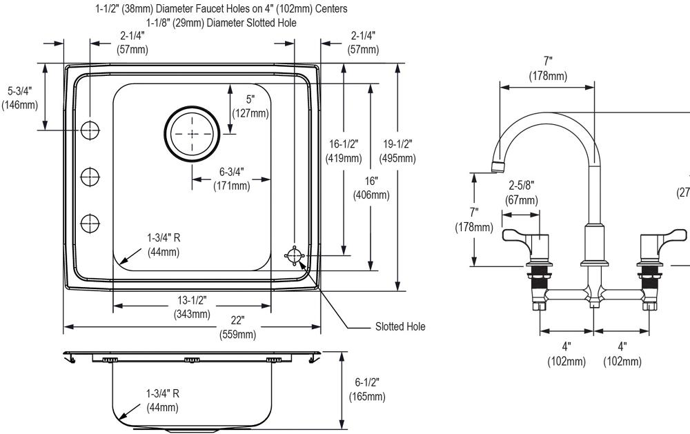 Dayton 18 Gauge Stainless Steel 22" x 19.5" x 6.5" Single Bowl Top Mount Sink Kit DRKADQ222065C