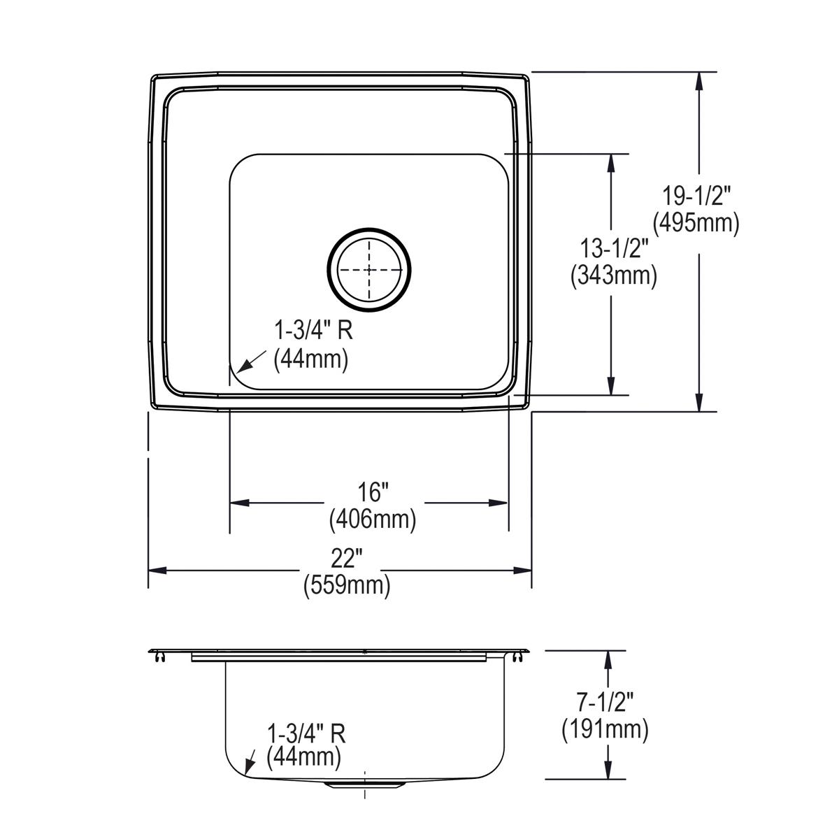 Elkay Lustertone Classic Stainless Steel 22" x 19-1/2" x 7-1/2", Single Bowl Drop-in Classroom Sink DRKR2220L3