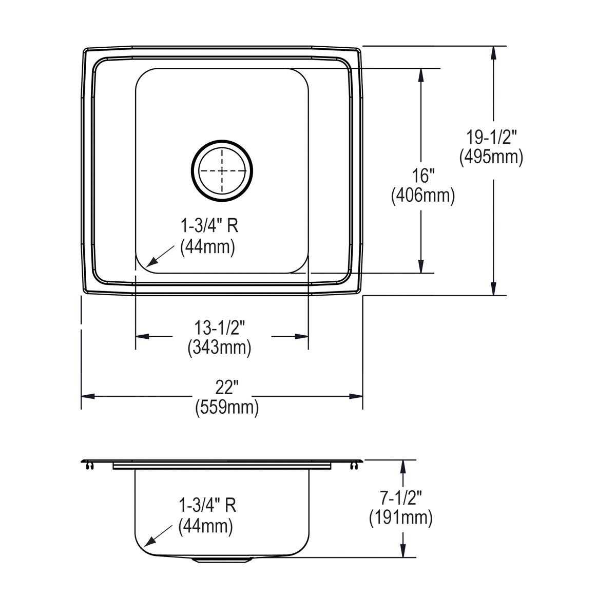 Elkay Lustertone Classic Stainless Steel 22" x 19-1/2" x 7-1/2", Single Bowl Drop-in Classroom Sink DRKR22204