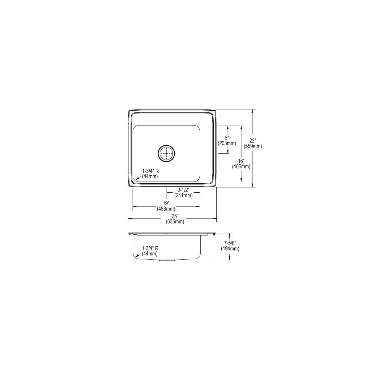 Elkay Lustertone Classic Stainless Steel 25" x 22" x 7-5/8", Single Bowl Drop-in Classroom Sink DRKR2522R4