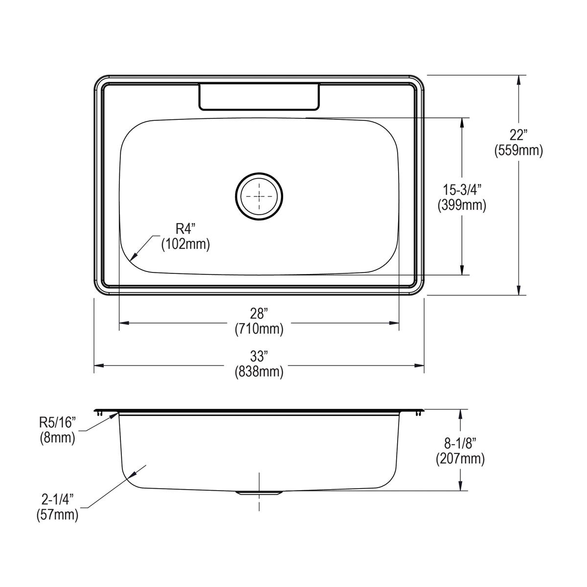 Elkay Dayton Stainless Steel 33" x 22" x 8-1/16", 3-Hole Single Bowl Drop-in Sink DSE133223