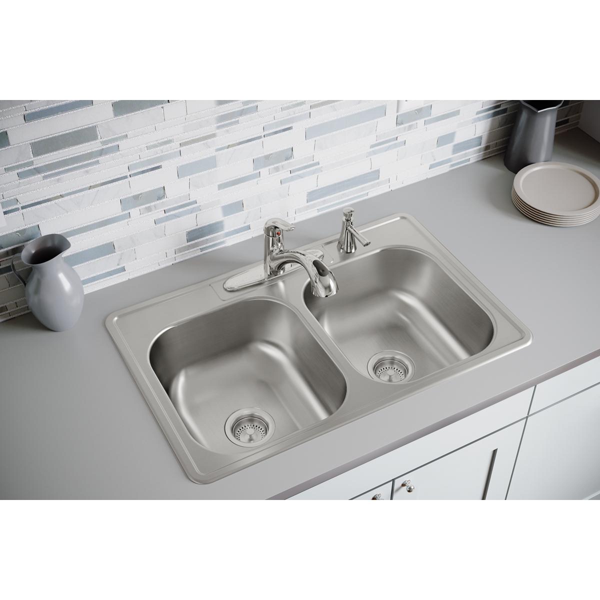 Elkay Dayton Stainless Steel 33" x 21-1/4" x 8-1/16", 4-Hole Equal Double Bowl Drop-in Sink DSE233214