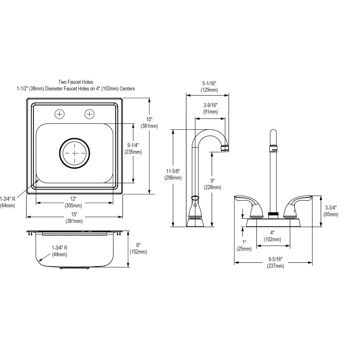 Elkay Dayton Stainless Steel 15" x 15" x 6", 2-Hole Single Bowl Drop-in Bar Sink + Faucet Kit DSEP1515C