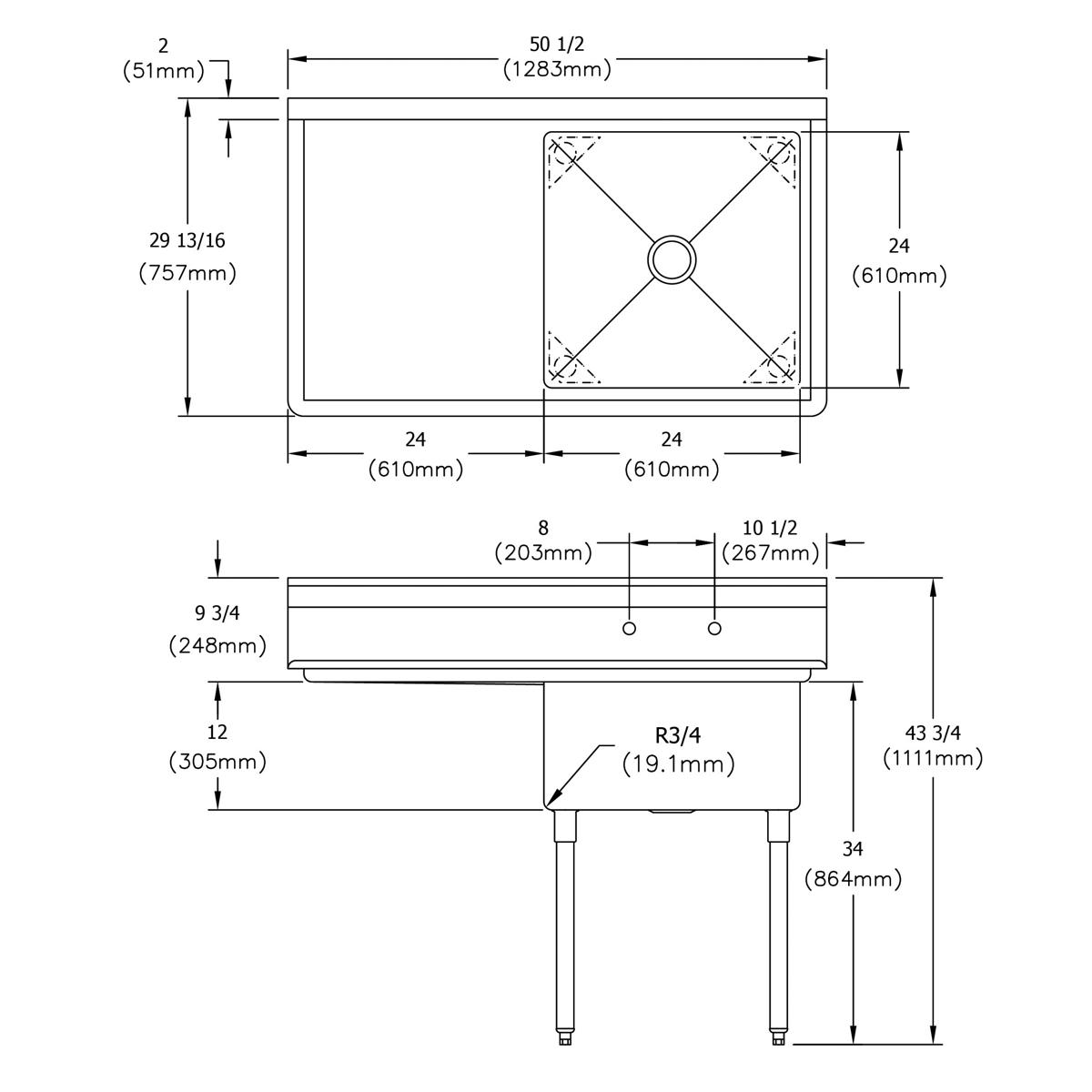 Elkay Dependabilt Stainless Steel 50-1/2" x 29-13/16" x 43-3/4" 18 Gauge One Compartment Sink w/ 24" Left Drainboard and Stainless Steel Legs E1C24X24-L-24X