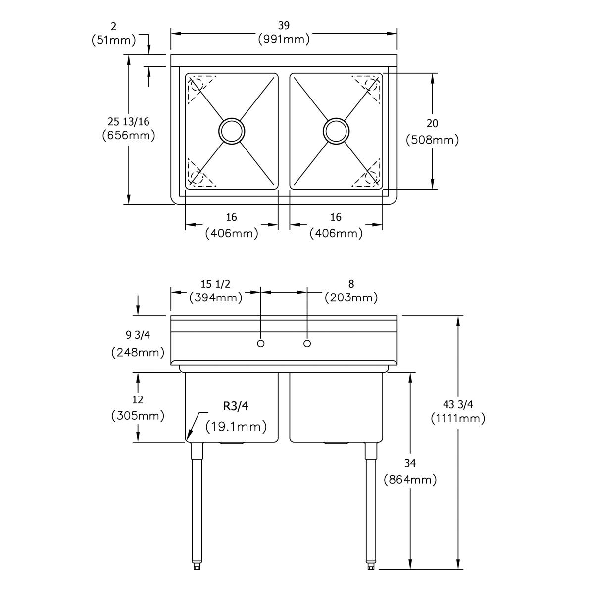 Elkay Dependabilt Stainless Steel 39" x 25-13/16" x 43-3/4" 18 Gauge Two Compartment Sink with Stainless Steel Legs E2C16X20-0X