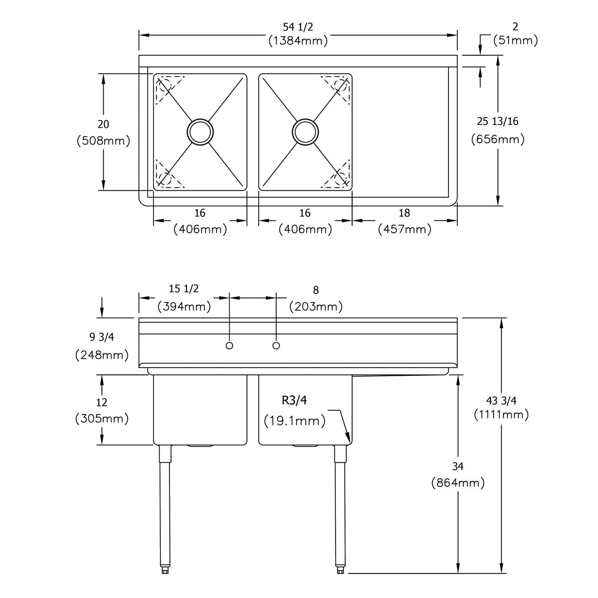 Elkay Dependabilt Stainless Steel 54-1/2" x 25-13/16" x 43-3/4" 18 Gauge Two Compartment Sink w/ 18" Right Drainboard and Stainless Steel Legs E2C16X20-R-18X