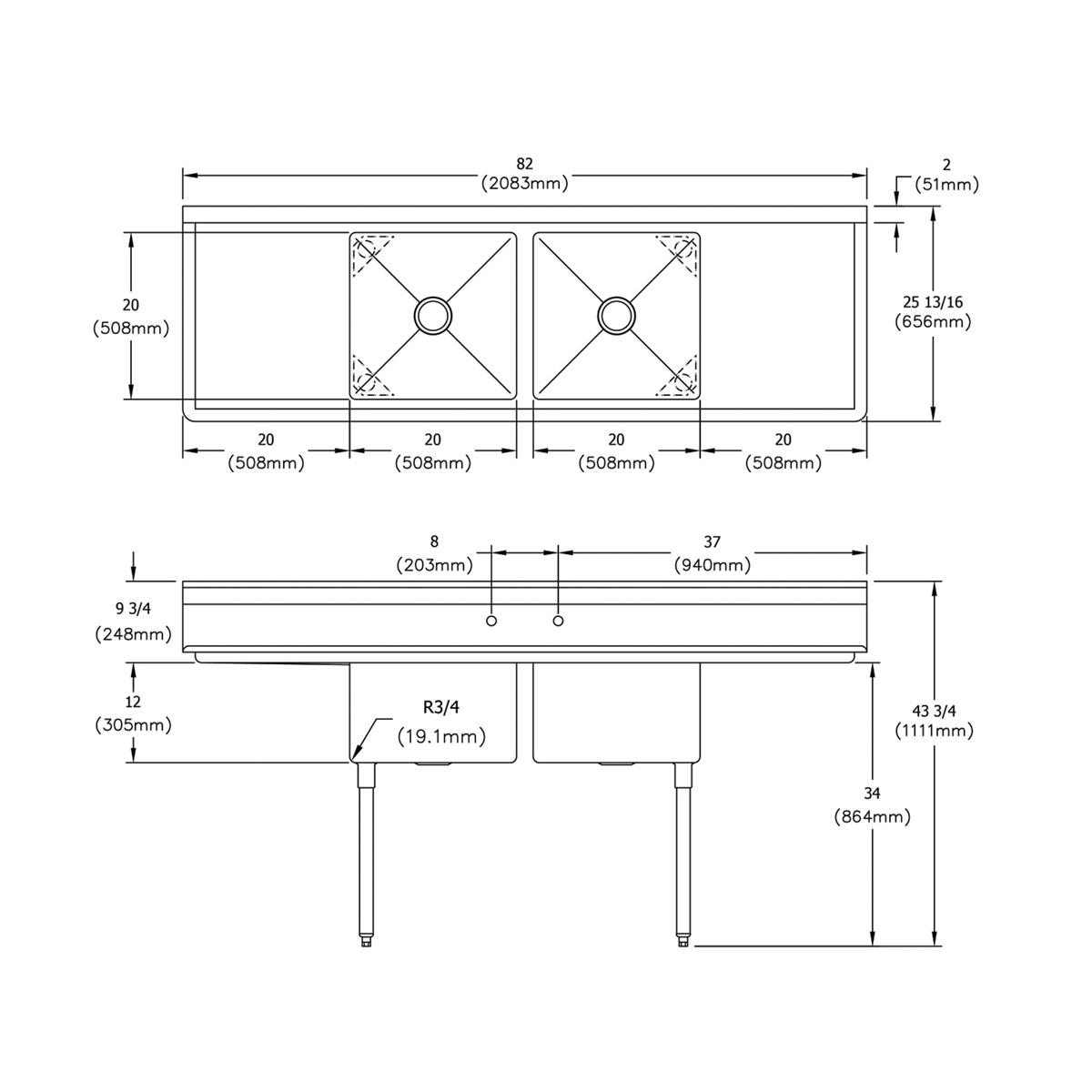 Elkay Dependabilt Stainless Steel 82" x 25-13/16" x 43-3/4" 18 Gauge Two Compartment Sink w/ 20" Left and Right Drainboards and Stainless Steel Legs E2C20X20-2-20X