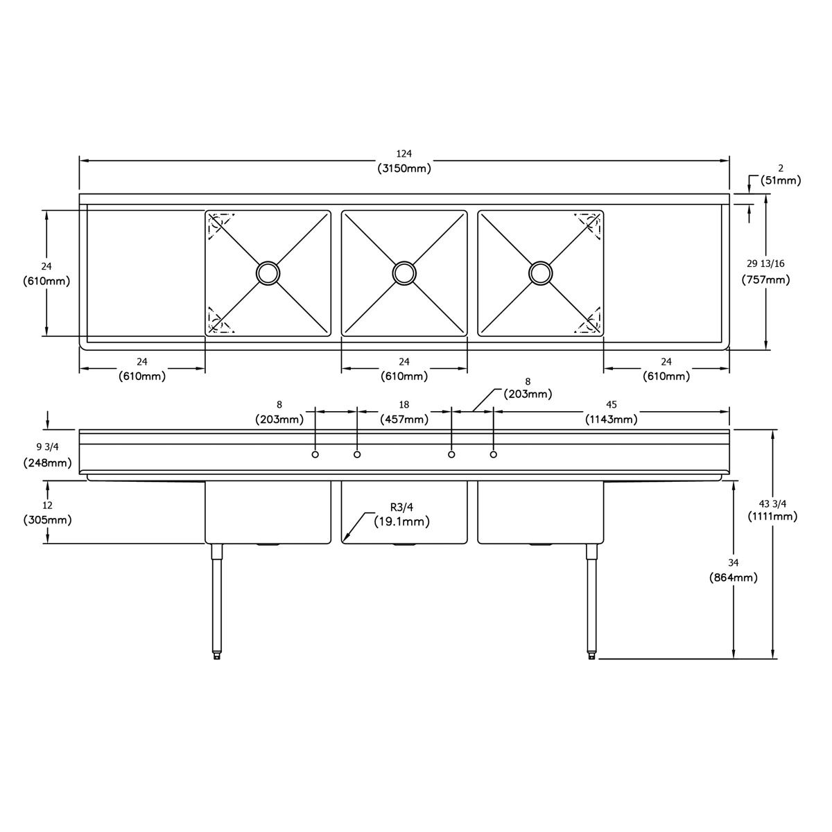 Elkay Dependabilt Stainless Steel 124" x 29-13/16" x 43-3/4" 18 Gauge Three Compartment Sink w/ 24" Left and Right Drainboards & Stainless Steel Legs E3C24X24-2-24X