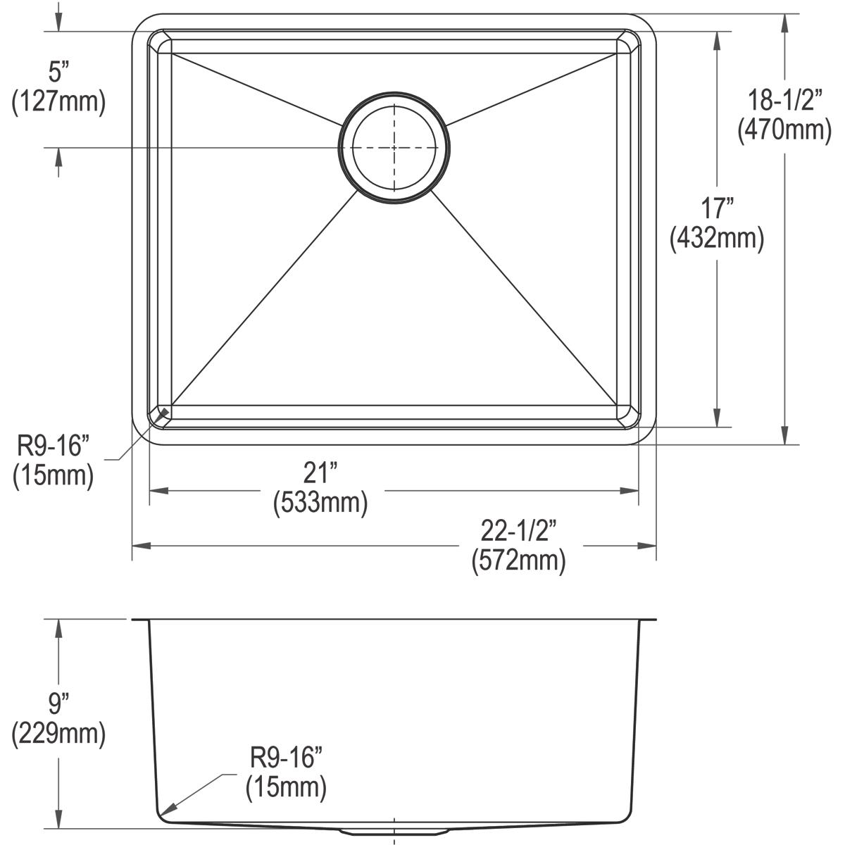 Elkay Crosstown 18 Gauge Stainless Steel 22-1/2" x 18-1/2" x 9" Single Bowl Undermount Sink Kit ECTRU21179TC