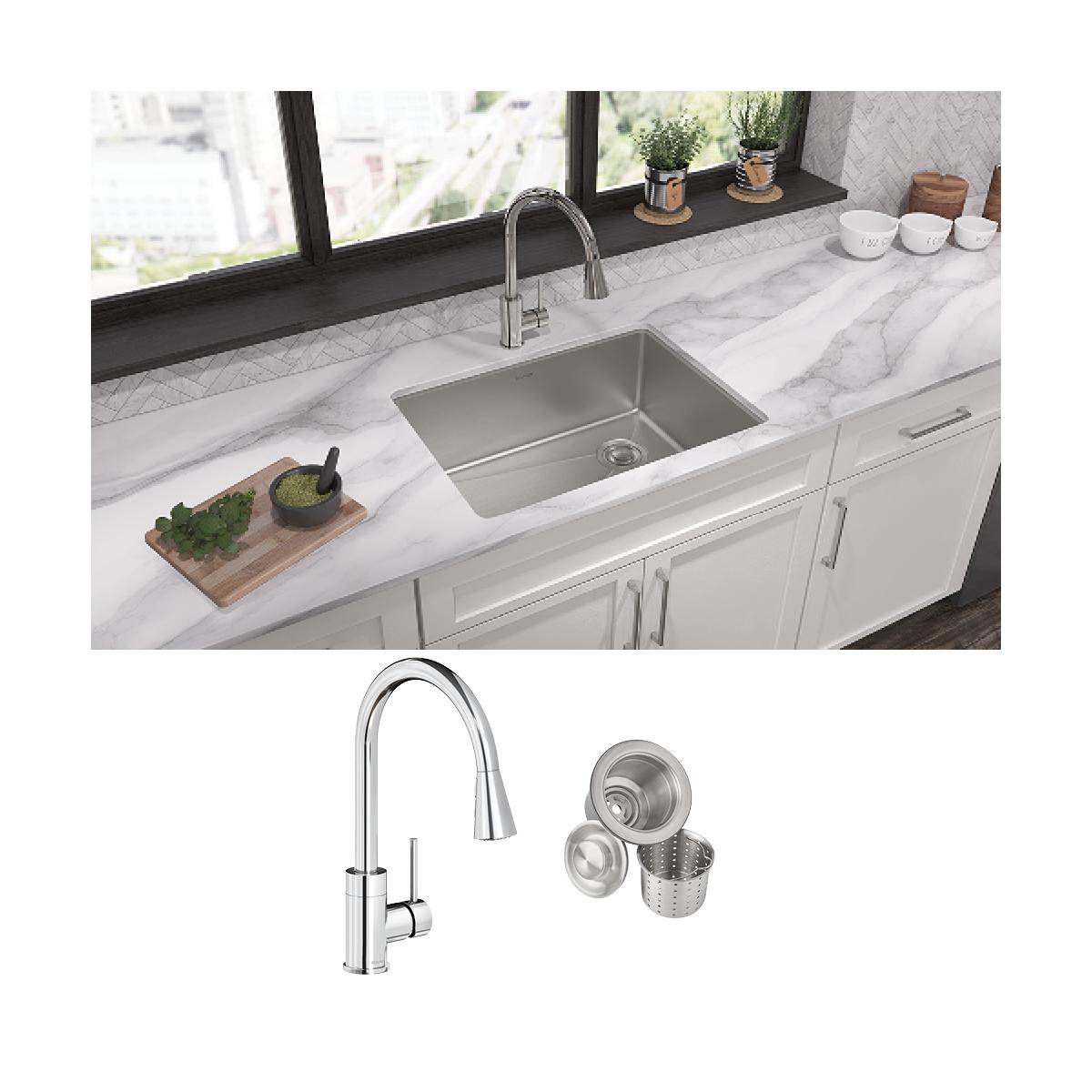 Elkay Crosstown 18 Gauge Stainless Steel 25-1/2" x 18-1/2" x 9" Single Bowl Undermount Sink & Faucet Kit with Drain ECTRU24179RTFCC