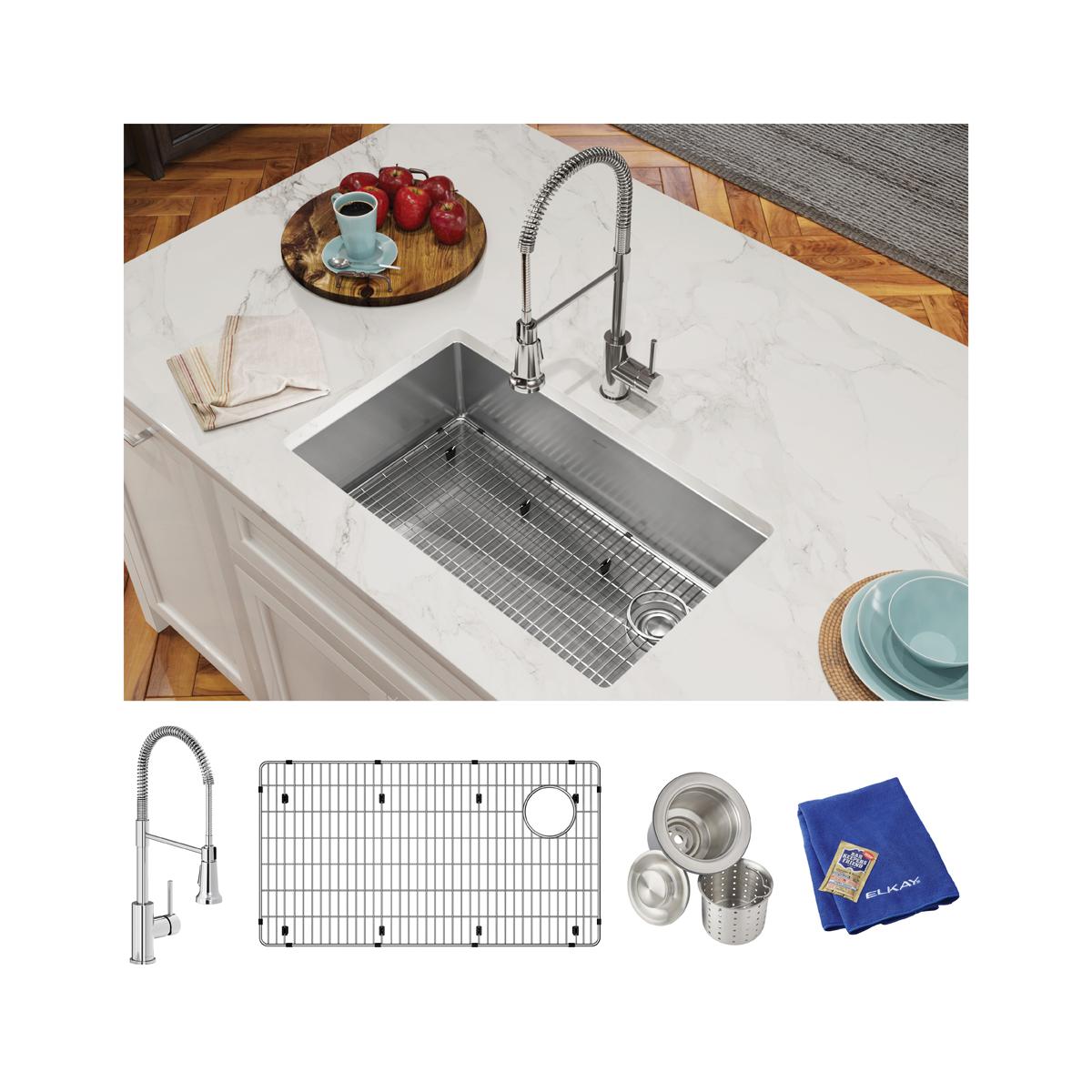 Elkay Crosstown 18 Gauge Stainless Steel 31-1/2" x 18-1/2" x 9" Single Bowl Undermount Sink Kit with Faucet ECTRU30179RTFC