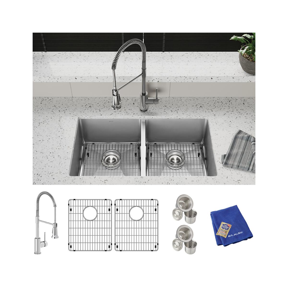 Elkay Crosstown 18 Gauge Stainless Steel 31-1/2" x 18-1/2" x 9" Equal Double Bowl Undermount Sink Kit with Faucet ECTRU31179TFC