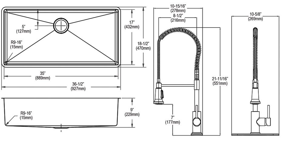 Elkay Crosstown 18 Gauge Stainless Steel 36-1/2" x 18-1/2" x 9" Single Bowl Undermount Sink & Faucet Kit with Drain ECTRU35179TFCC