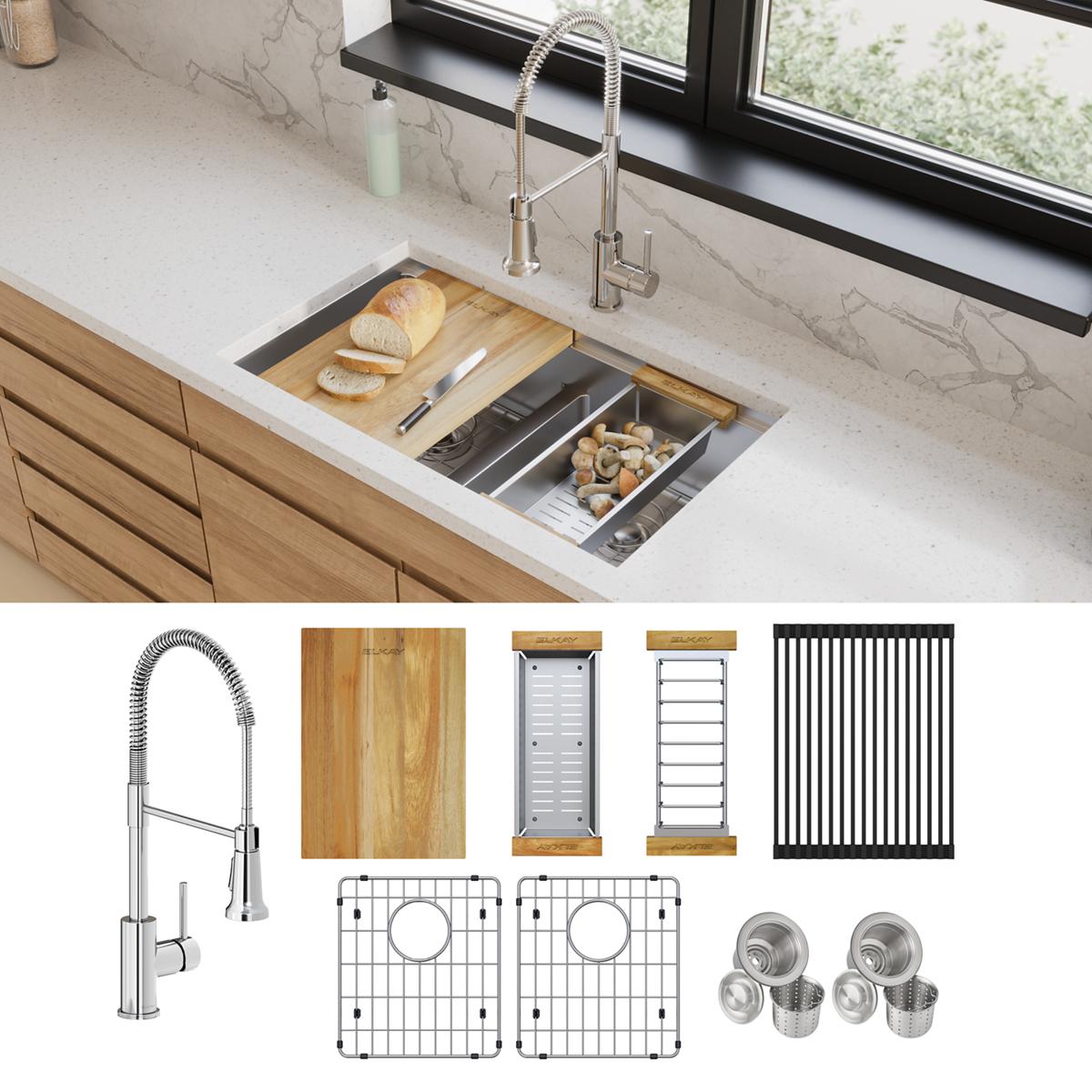 Elkay Crosstown 18 Gauge Workstation Stainless Steel 31-1/2" x 18-1/2" x 9" Equal Double Bowl Undermount Sink & Faucet Kit with Aqua Divide ECTRUA31169TFCW