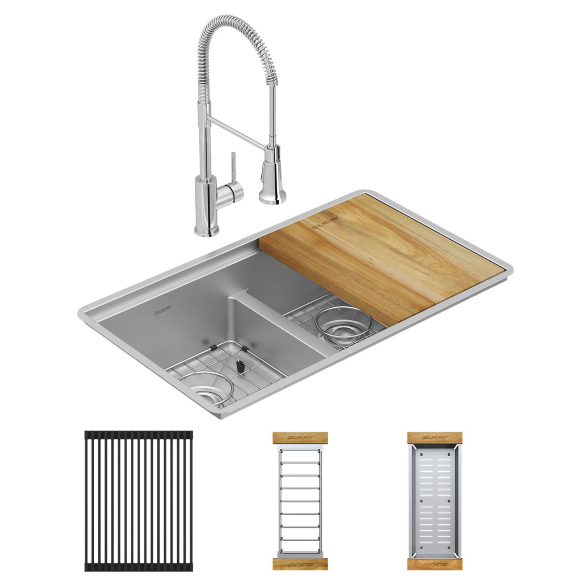 Elkay Crosstown 18 Gauge Workstation Stainless Steel 31-1/2" x 18-1/2" x 9" Equal Double Bowl Undermount Sink & Faucet Kit with Aqua Divide ECTRUA31169TFCW