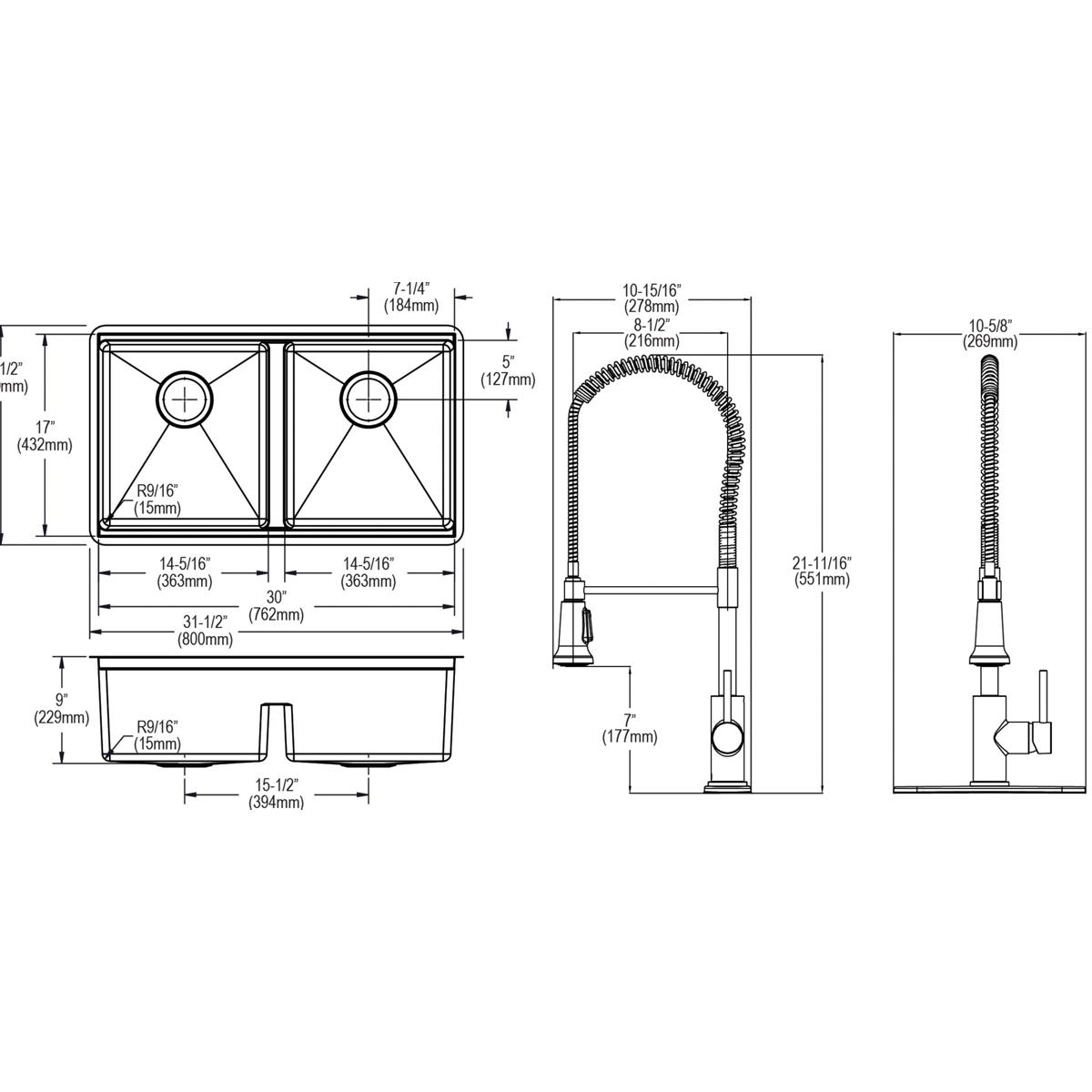 Elkay Crosstown 18 Gauge Workstation Stainless Steel 31-1/2" x 18-1/2" x 9" Equal Double Bowl Undermount Sink & Faucet Kit with Aqua Divide ECTRUA31169TFCW