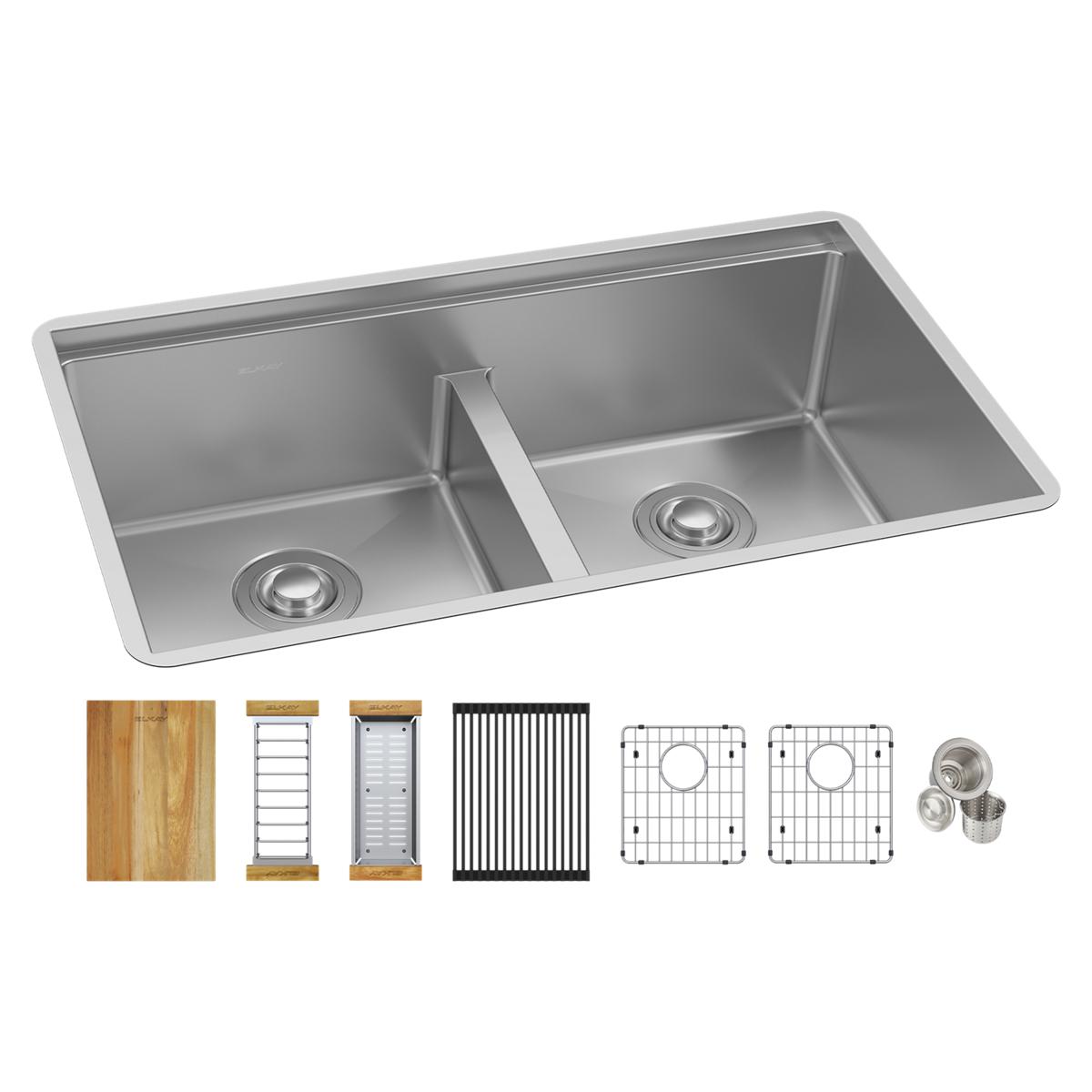 Elkay Crosstown 18 Gauge Workstation Stainless Steel 31-1/2" x 18-1/2" x 9" Equal Double Bowl Sink Kit with Aqua Divide ECTRUAQ31169TWC