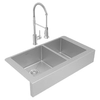 Elkay Crosstown 18 Gauge Stainless Steel 35-7/8" x 20-1/4" x 9" 60/40 Double Bowl Farmhouse Sink & Faucet Kit with Drain ECTRUF32179RFCC
