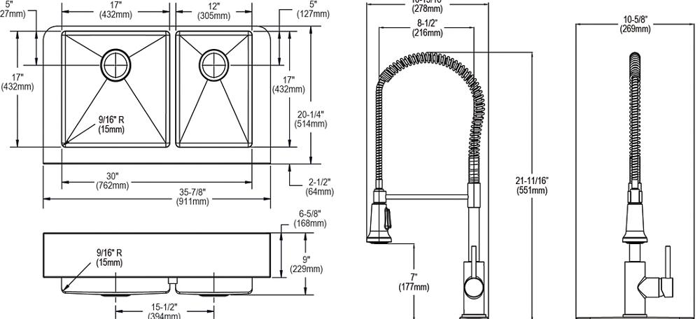 Elkay Crosstown 18 Gauge Stainless Steel 35-7/8" x 20-1/4" x 9" 60/40 Double Bowl Farmhouse Sink & Faucet Kit with Drain ECTRUF32179RFCC