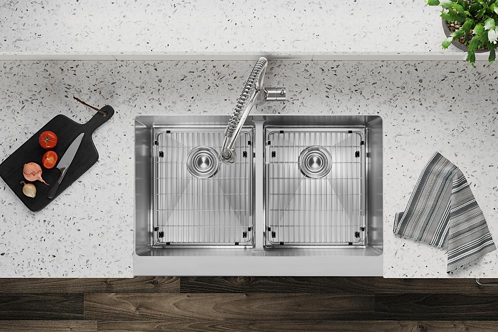 Elkay Crosstown 18 Gauge Stainless Steel 35-7/8" x 20-1/4" x 9" Equal Double Bowl Farmhouse Sink Kit with Aqua Divide ECTRUFA32179C